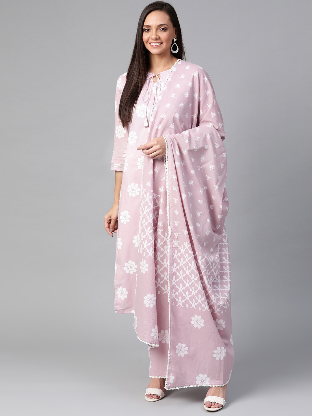 

HERE&NOW Women Pink & White Printed Kurta with Trousers & Dupatta