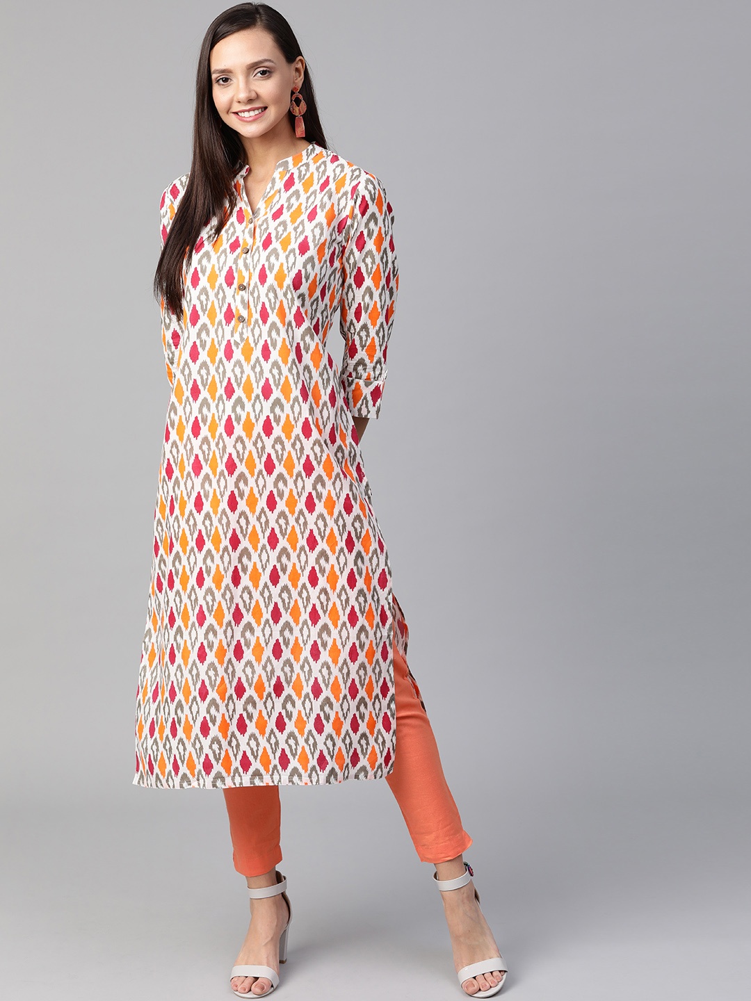 

KSUT Women White & Orange Ikat Print Straight Kurta