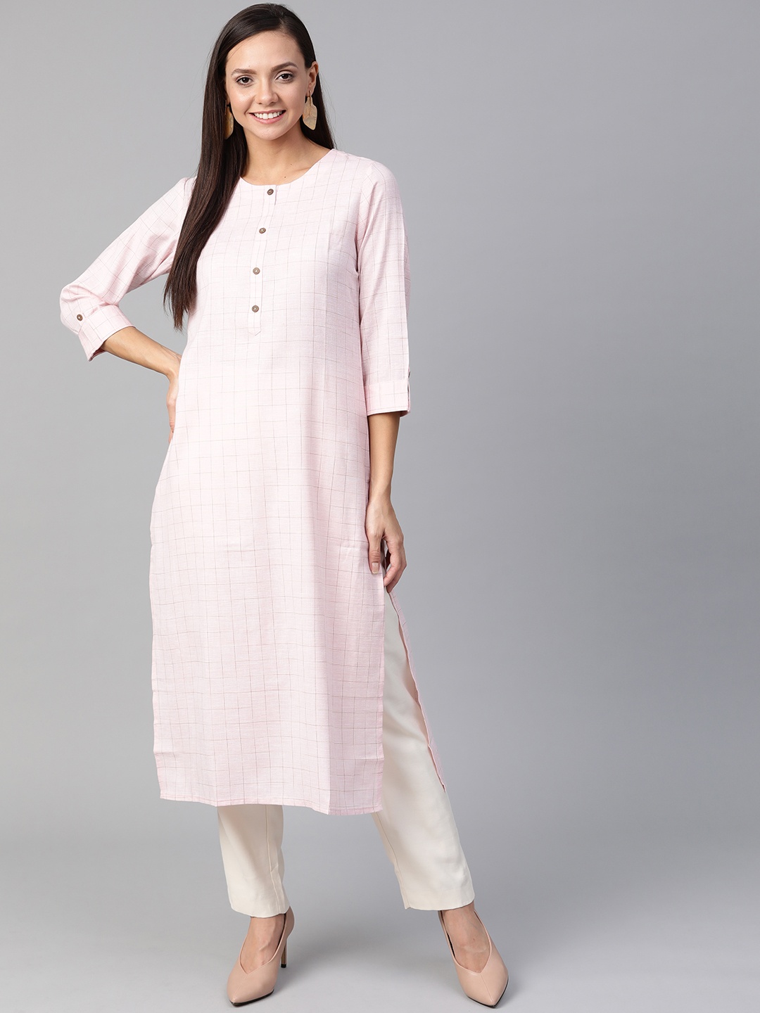 

KSUT Women Pink & Beige Checked Straight Kurta
