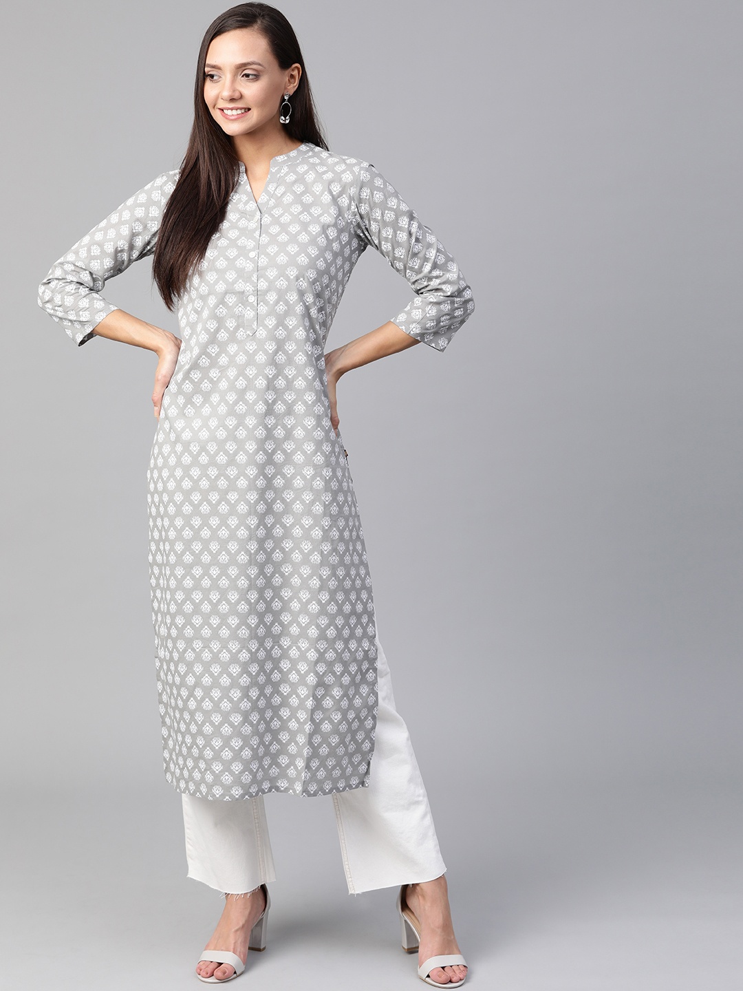 

KSUT Women Grey & White Khari Print Straight Kurta