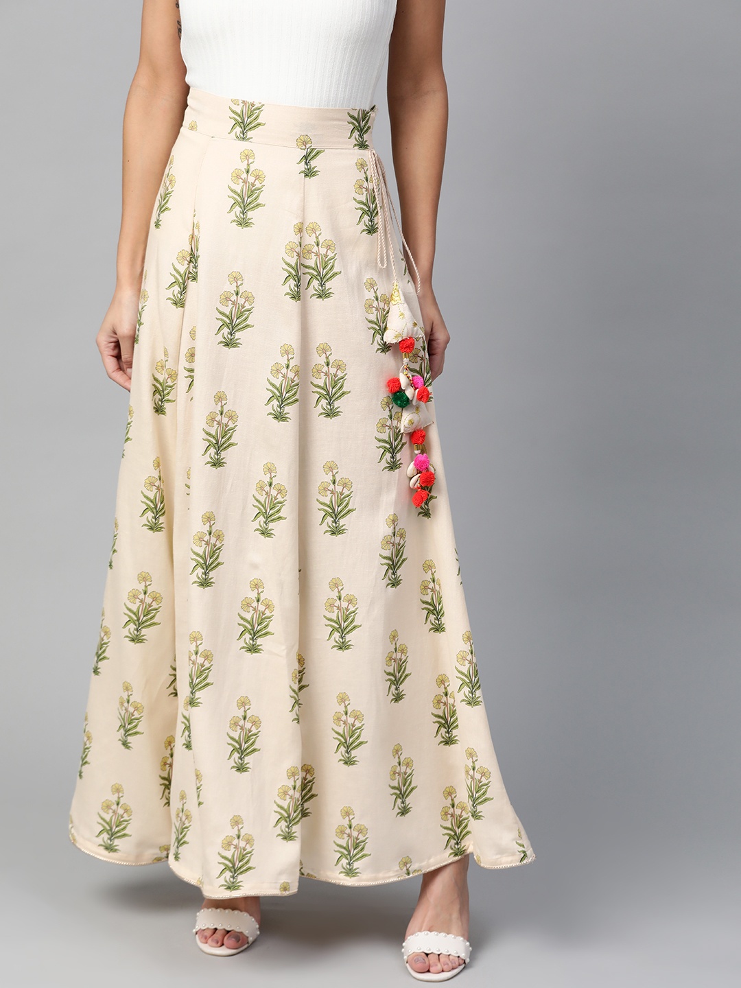 

HERE&NOW Women Cream-Coloured & Green Printed Flared Maxi Skirt