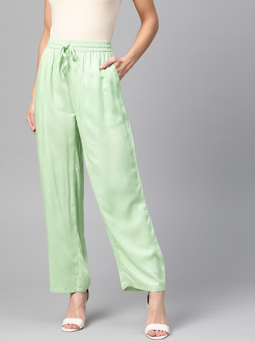

HERE&NOW Women Sea Green Solid Straight Palazzos