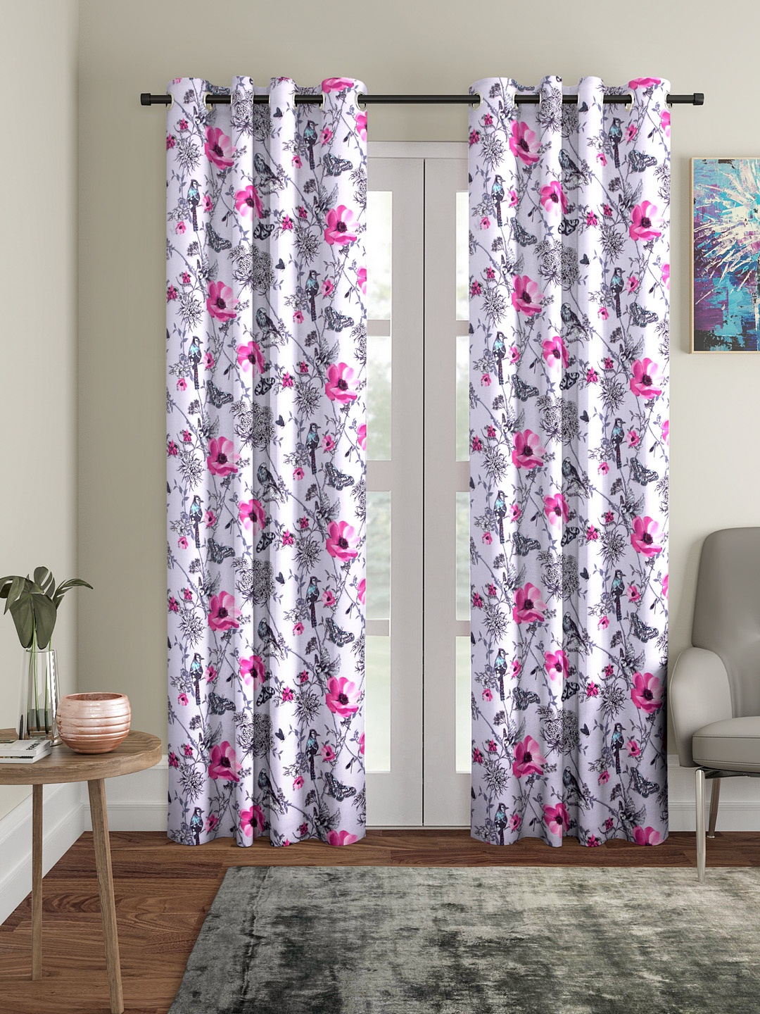 

Soumya White & Pink Printed Single Long Door Curtain