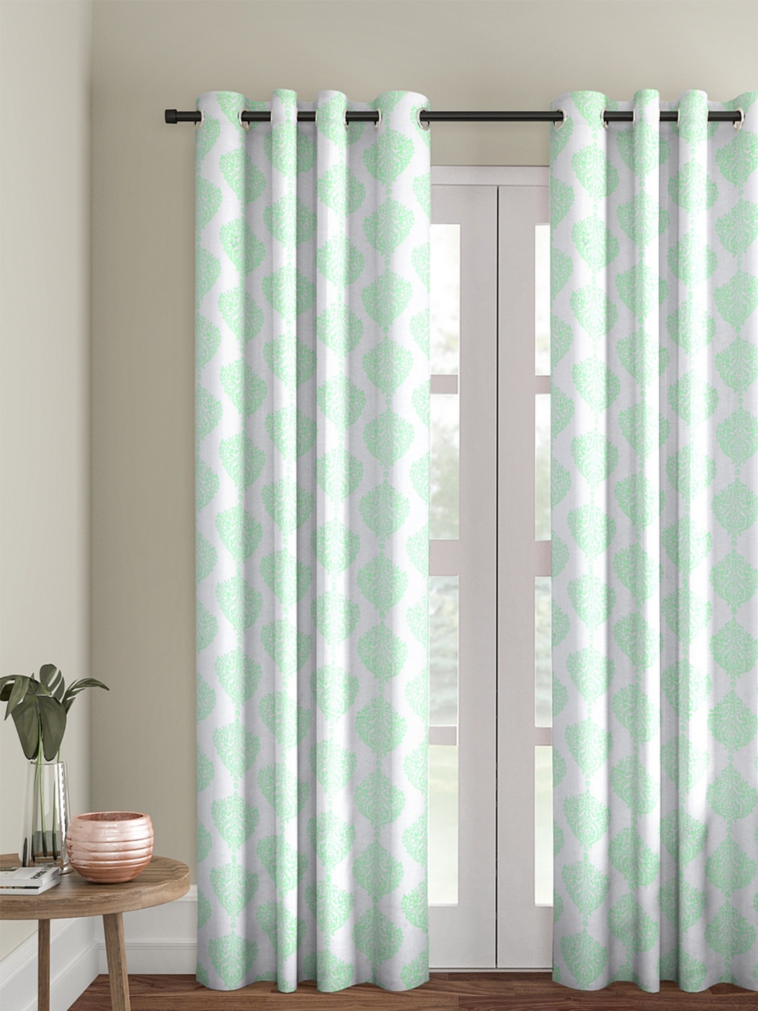 

Soumya White & Green Single Room Darkening Long Door Curtain
