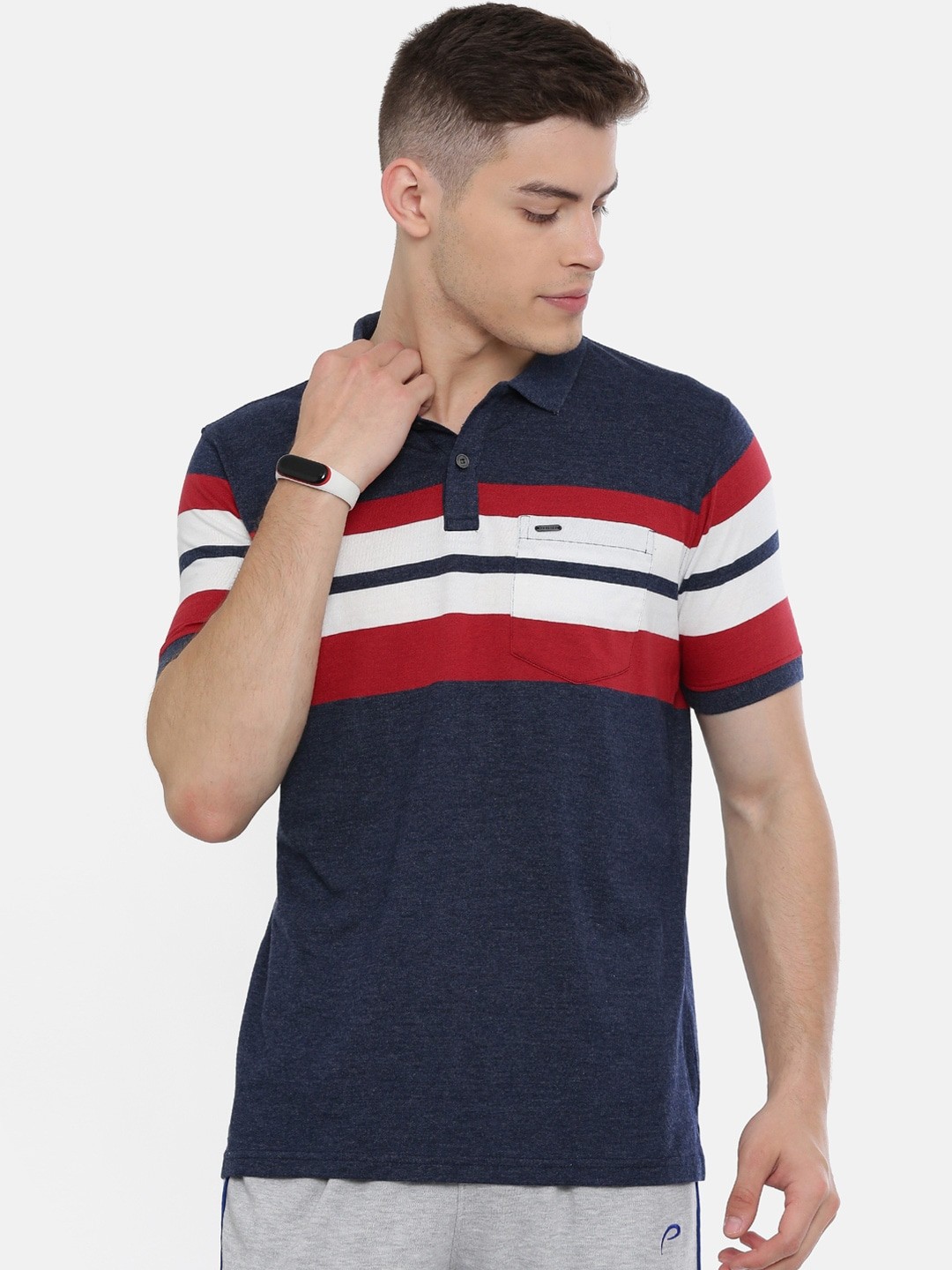 

Proline Men Navy Blue & Red Striped Polo Collar T-shirt