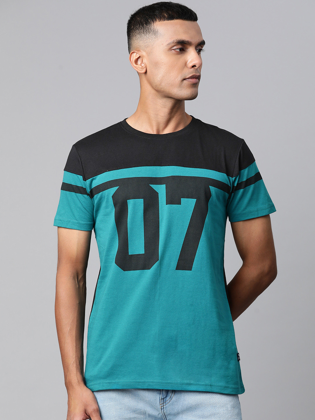 

Metronaut Men Teal Green & Black Typography Colourblocked T-shirt