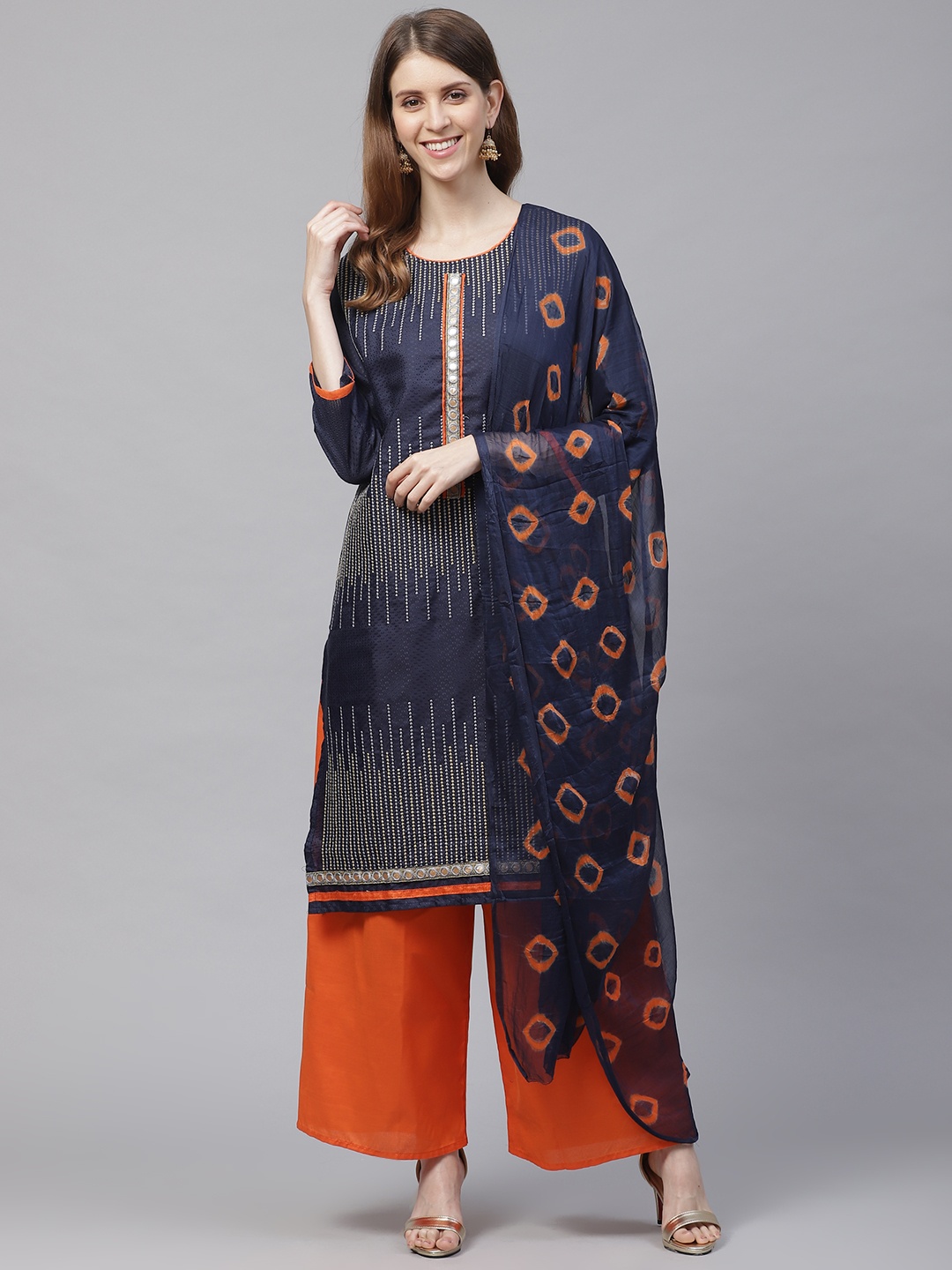 

Ishin Women Navy Blue & Orange Embroidered Kurta with Palazzos & Dupatta