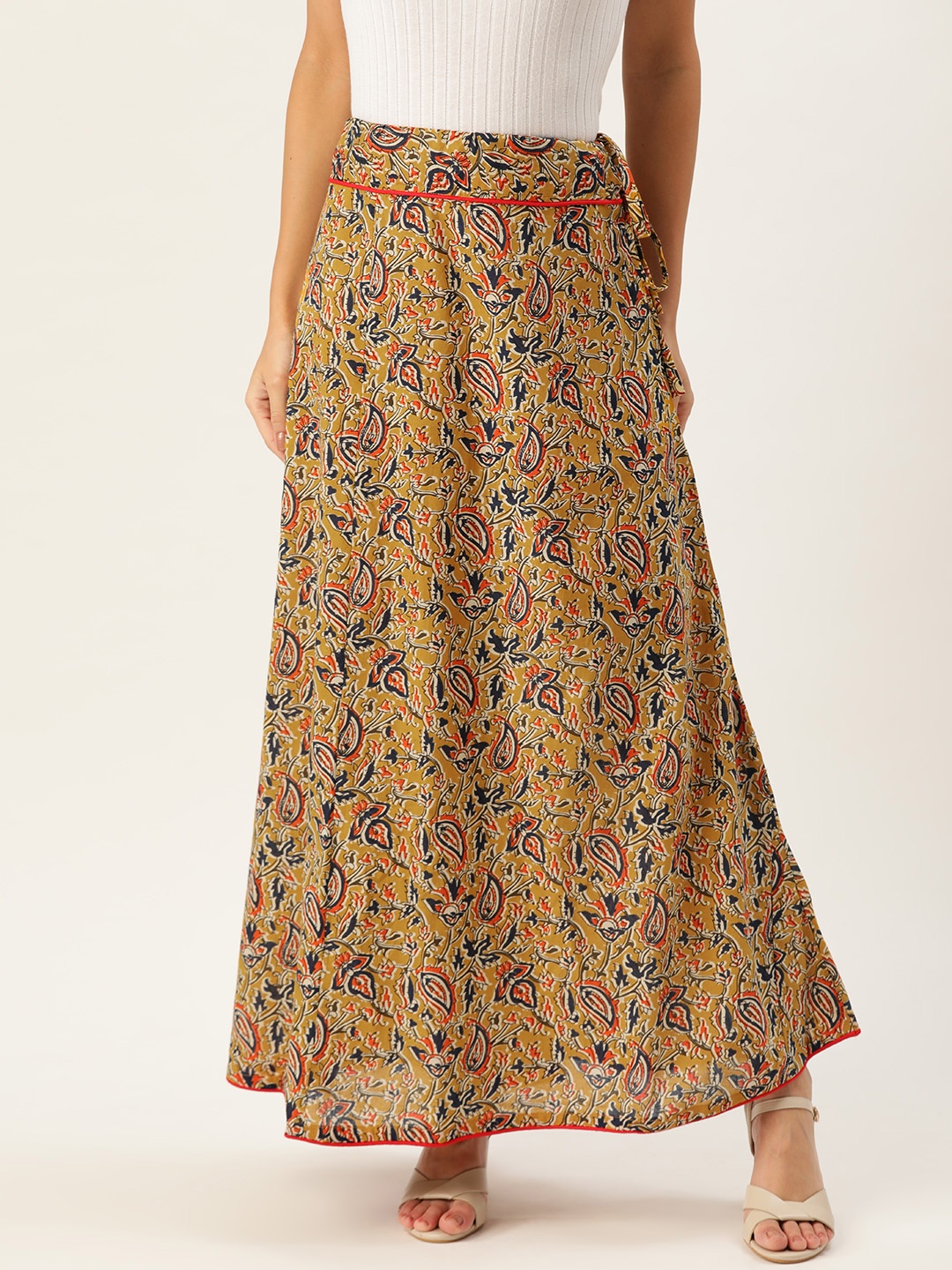 

InWeave Women Mustard Yellow & Navy Blue Kalamkari Print Maxi A-Line Skirt