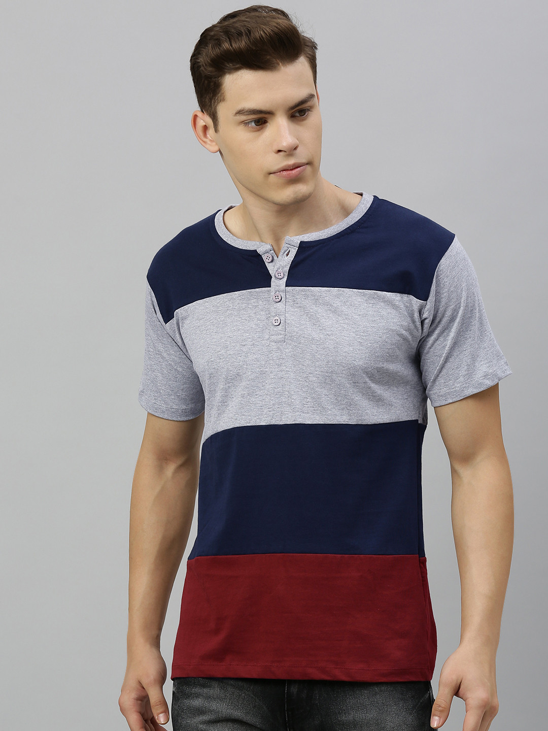 

Urbano Fashion Men Navy Blue Grey Colourblocked Henley Neck Pure Cotton T-shirt