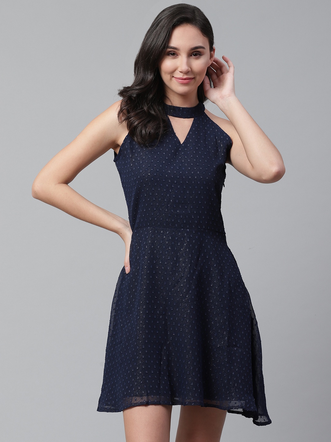 

STREET 9 Women Navy Blue Self Design Fit and Flare Dress
