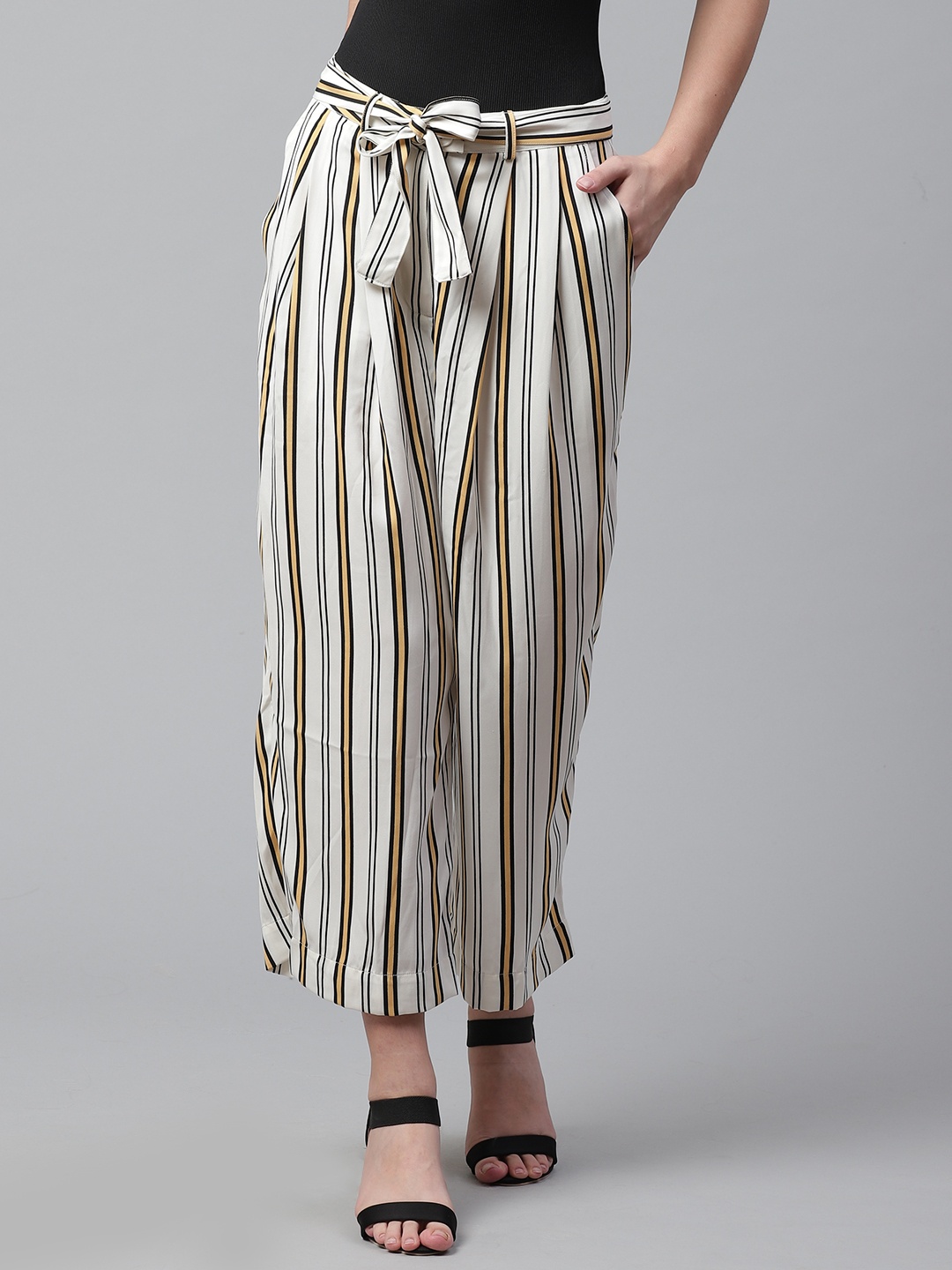 

STREET 9 Women Cream-Coloured & Black Regular Fit Striped Cropped Culottes