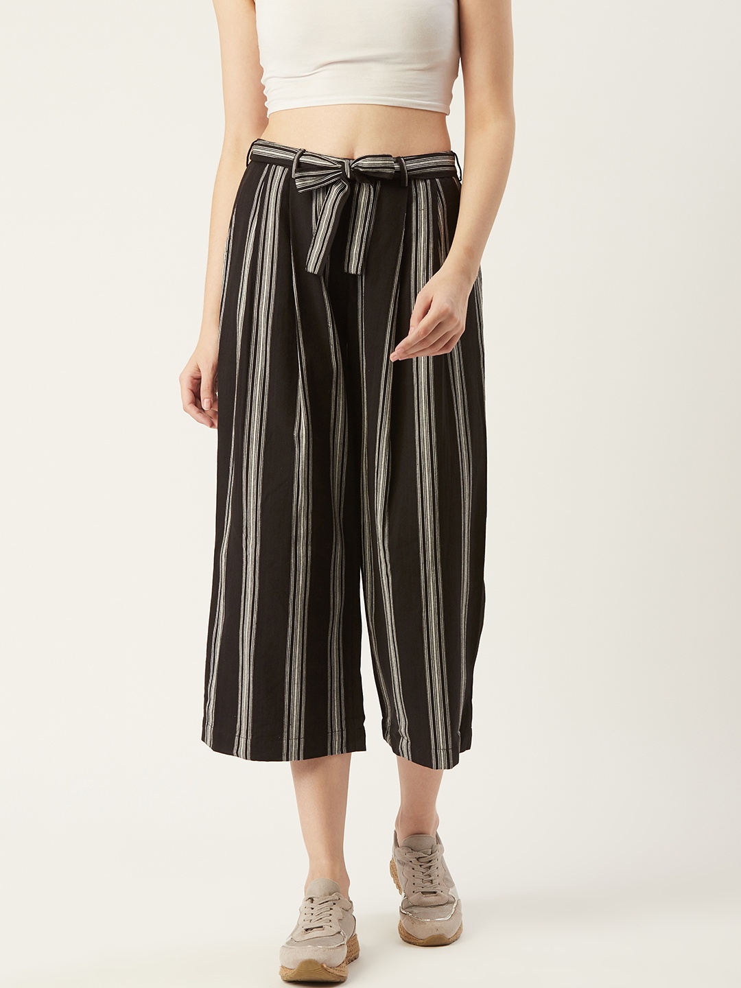 

STREET 9 Women Black & White Regular Fit Striped Cropped Parallel Trousers