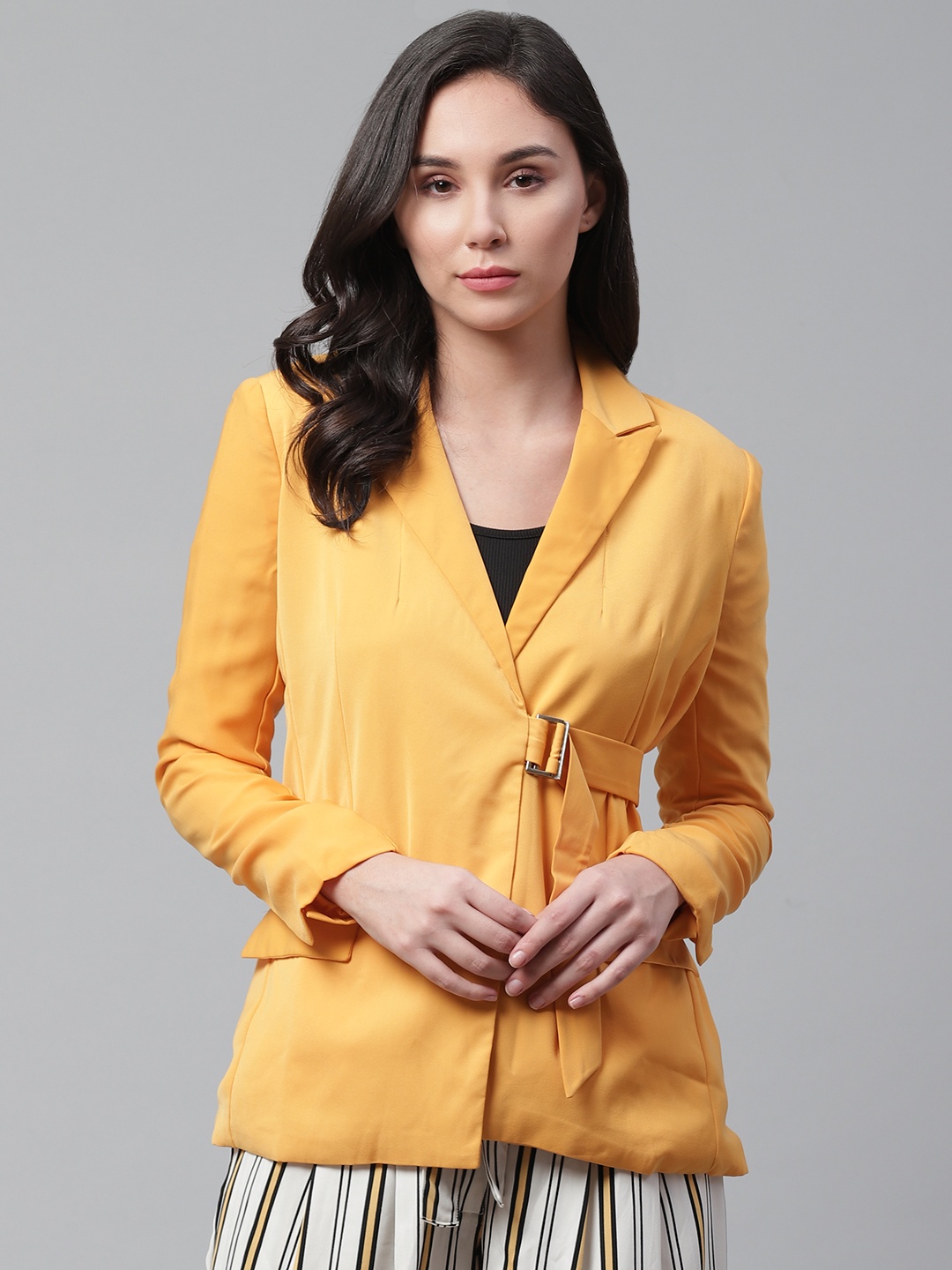 

STREET 9 Women Mustard Yellow Solid Open Front Blazer