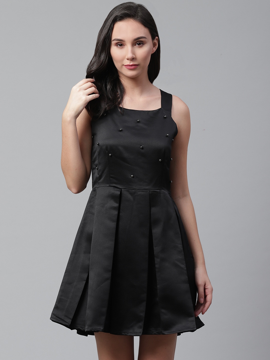 

STREET 9 Women Black Embellished Detail Satin Finish Fit and Flare Dress