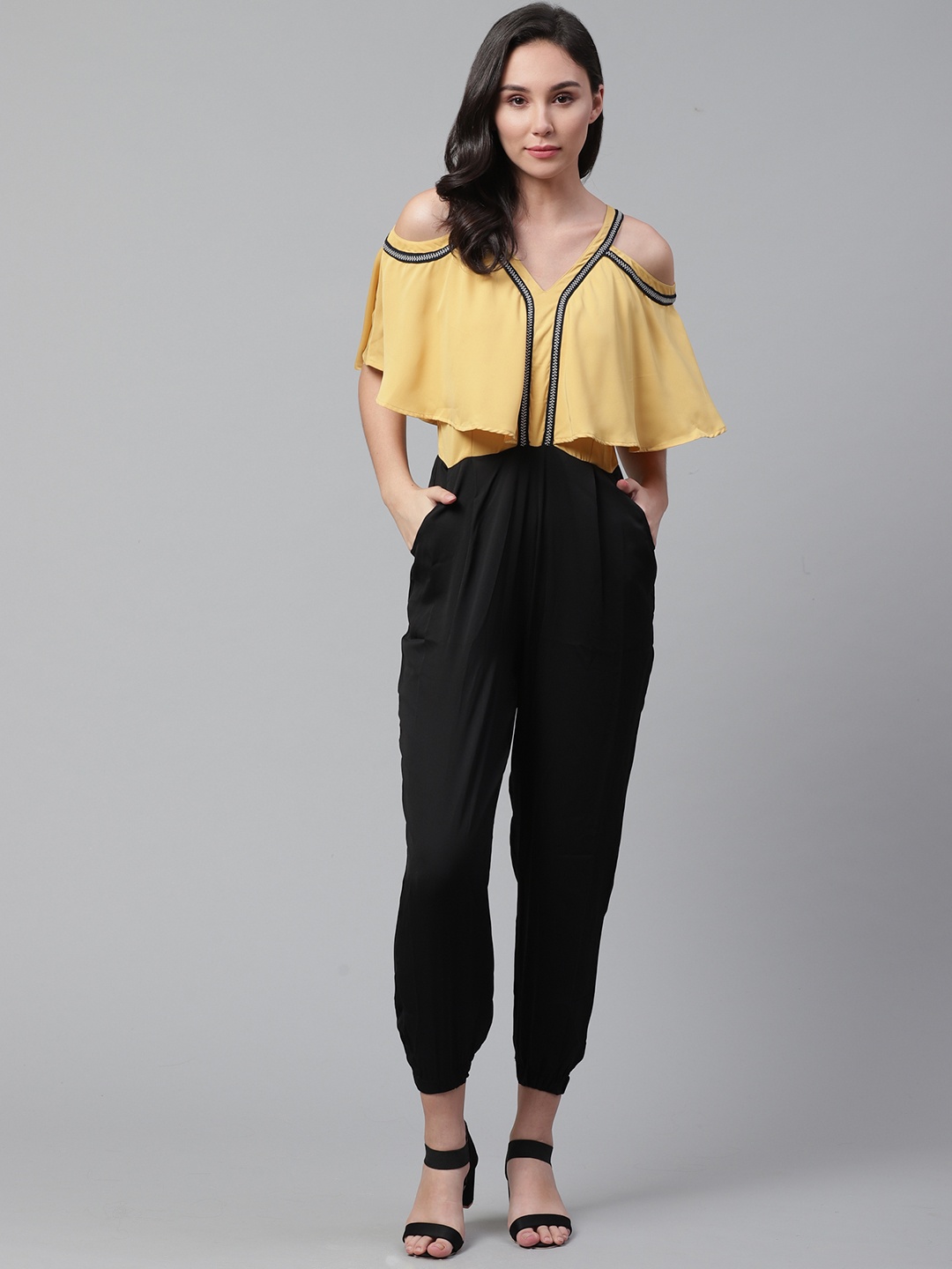 

STREET 9 Women Mustard Yellow & Black Solid Basic Jumpsuit