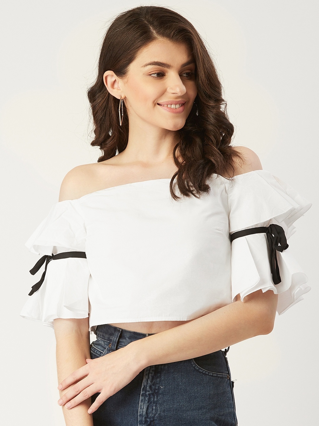 

STREET 9 Women White Solid Bardot Top