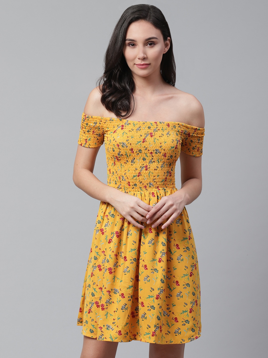 

STREET 9 Women Mustard Yellow & Red Printed Off- Shoulder Satin Finish Fit and Flare Dress