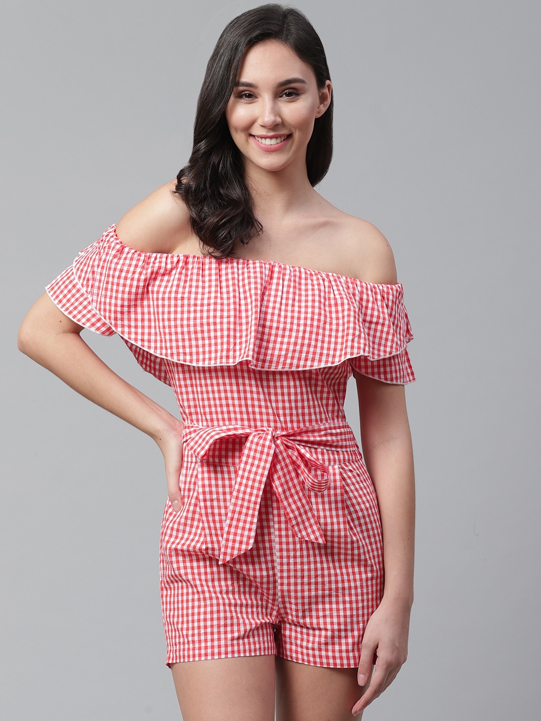 

STREET 9 Women Red & White Checked Off-Shoulder Playsuit