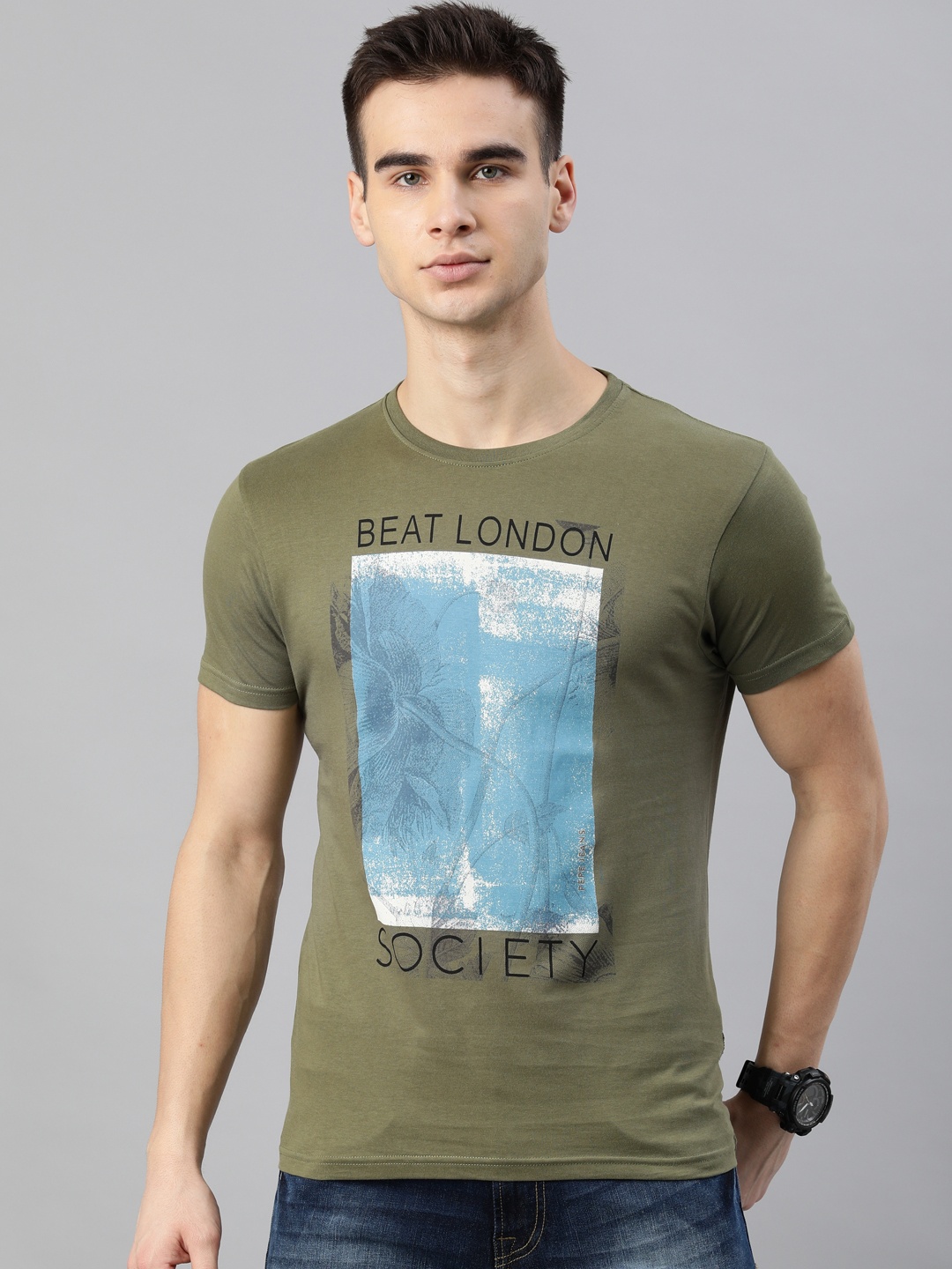 

BEAT LONDON by PEPE JEANS Men Olive Green Printed Round Neck T-shirt
