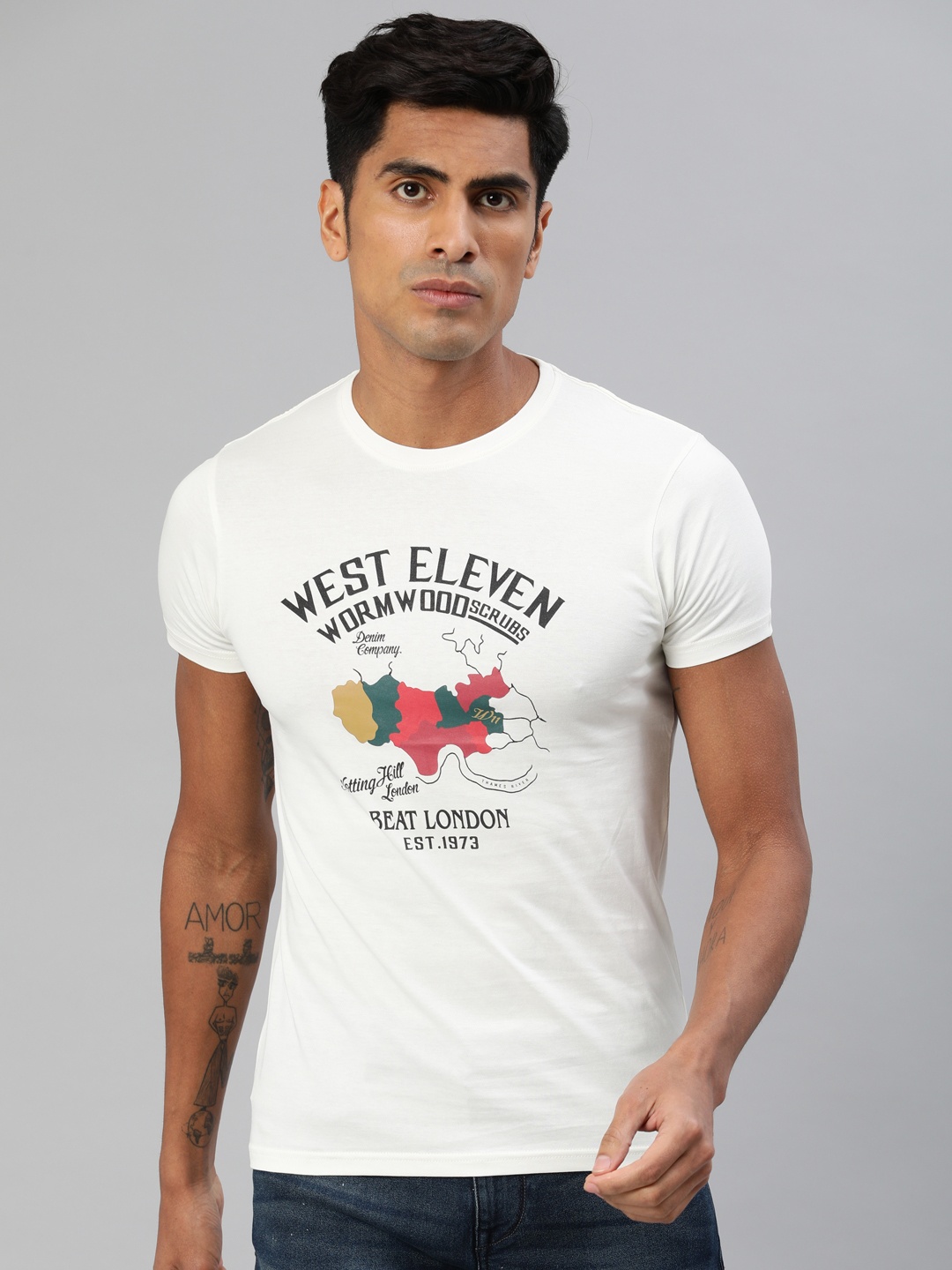 

BEAT LONDON by PEPE JEANS Men White Slim Fit Printed Round Neck Pure Cotton T-shirt