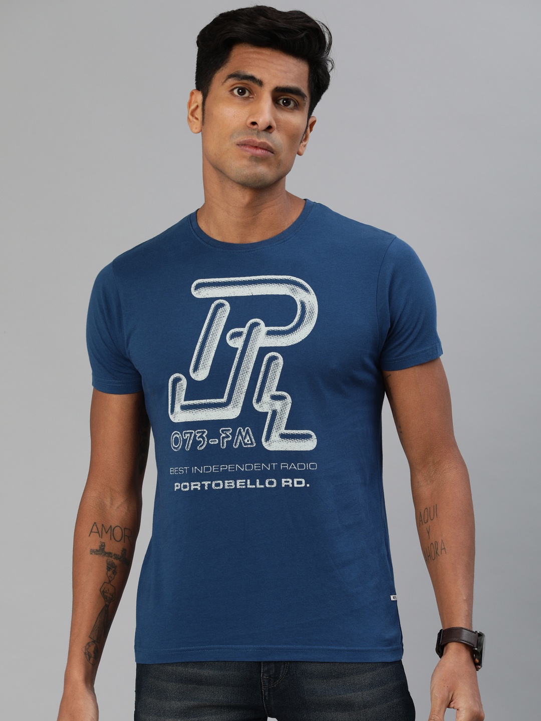 

BEAT LONDON by PEPE JEANS Men Navy Blue Slim Fit Printed Round Neck Pure Cotton T-shirt