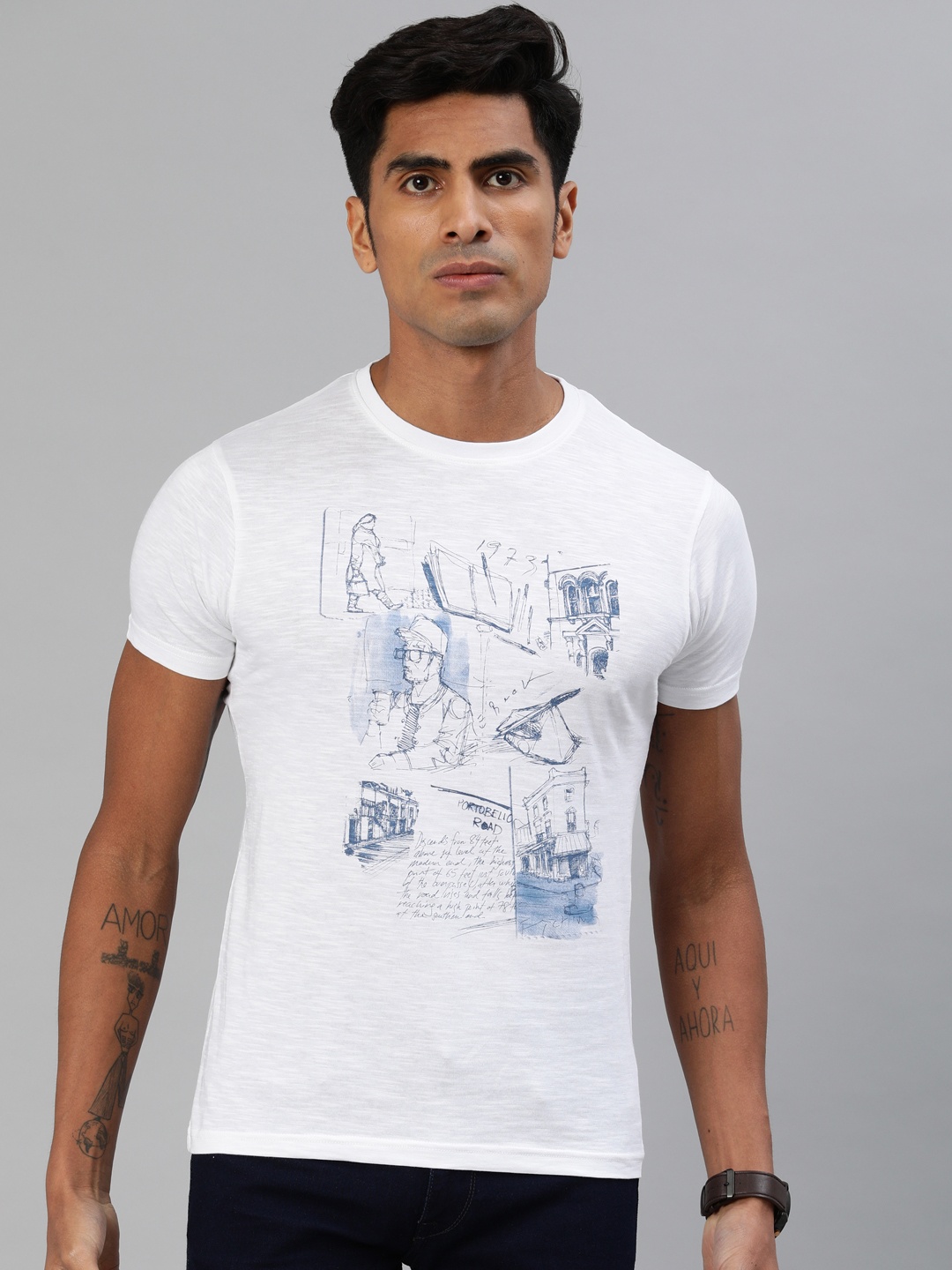 

BEAT LONDON by PEPE JEANS Men White Slim Fit Printed Round Neck Pure Cotton T-shirt