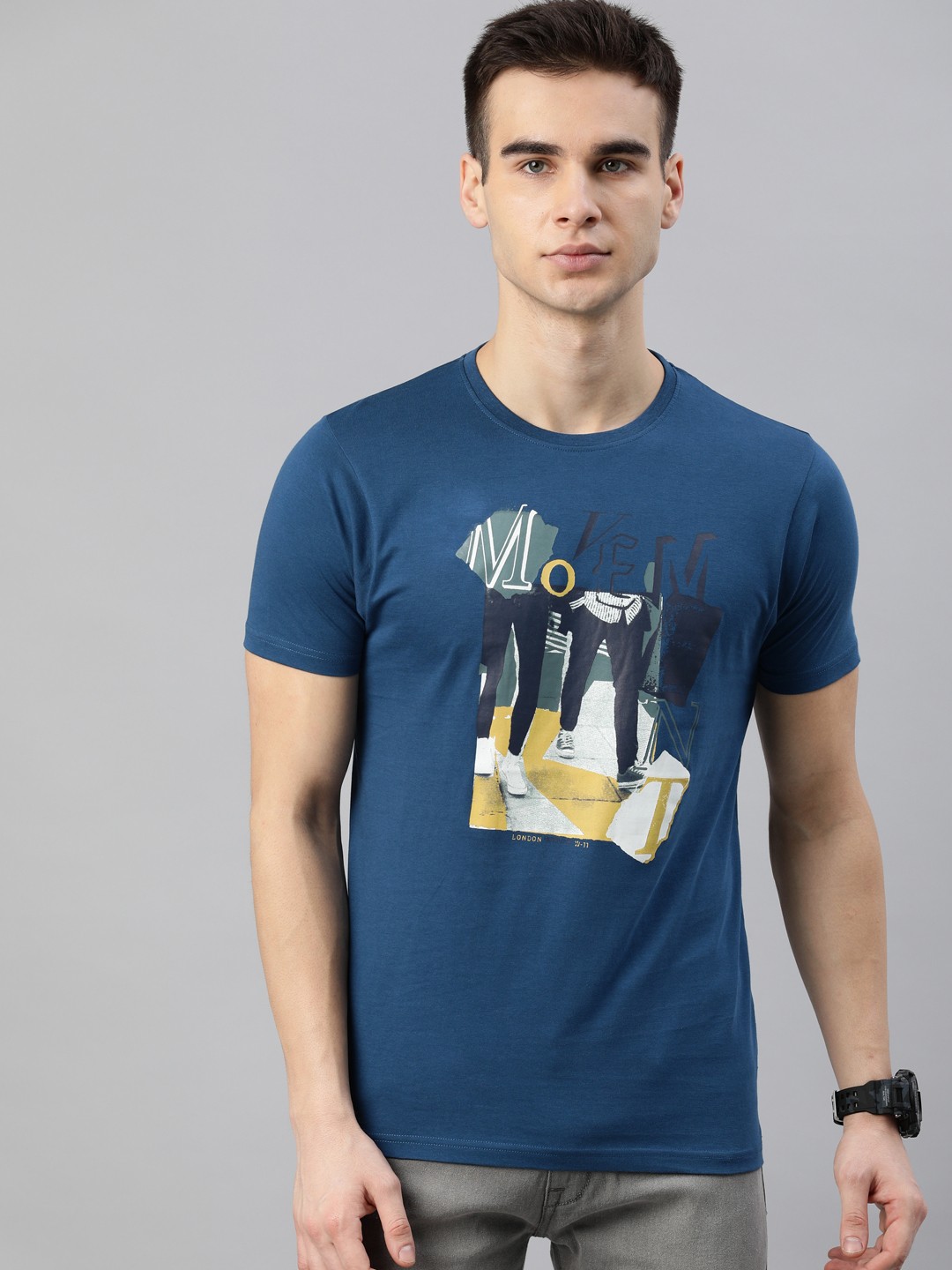 

BEAT LONDON by PEPE JEANS Men Blue Printed Slim Fit Round Neck Pure Cotton T-shirt