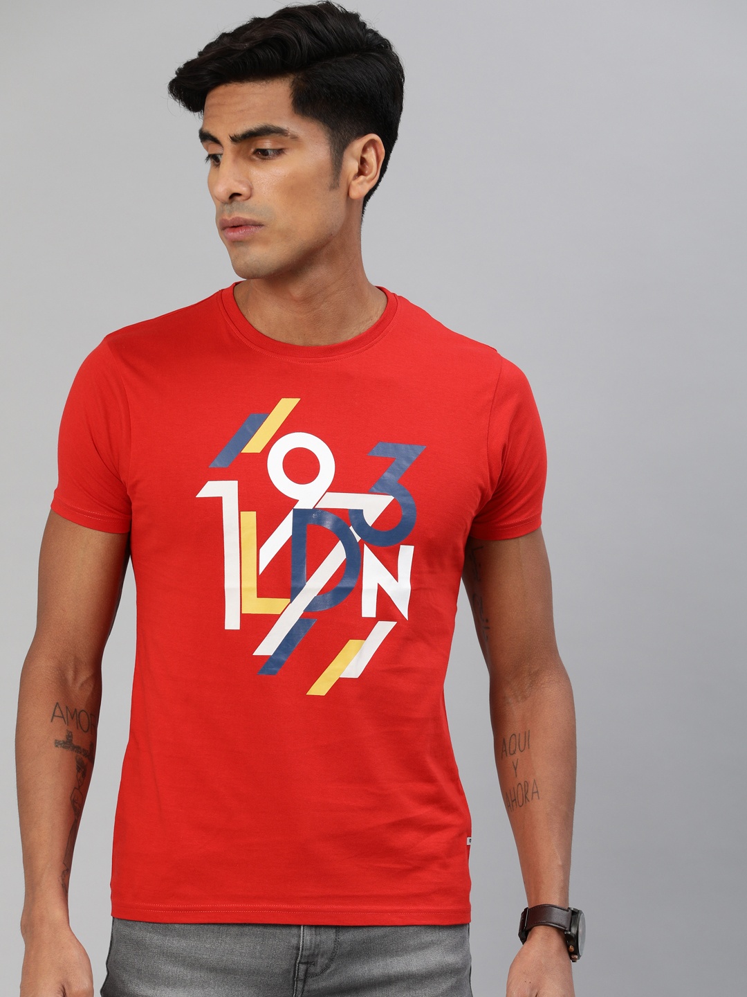 

BEAT LONDON by PEPE JEANS Men Red Slim Fit Printed Round Neck Pure Cotton T-shirt