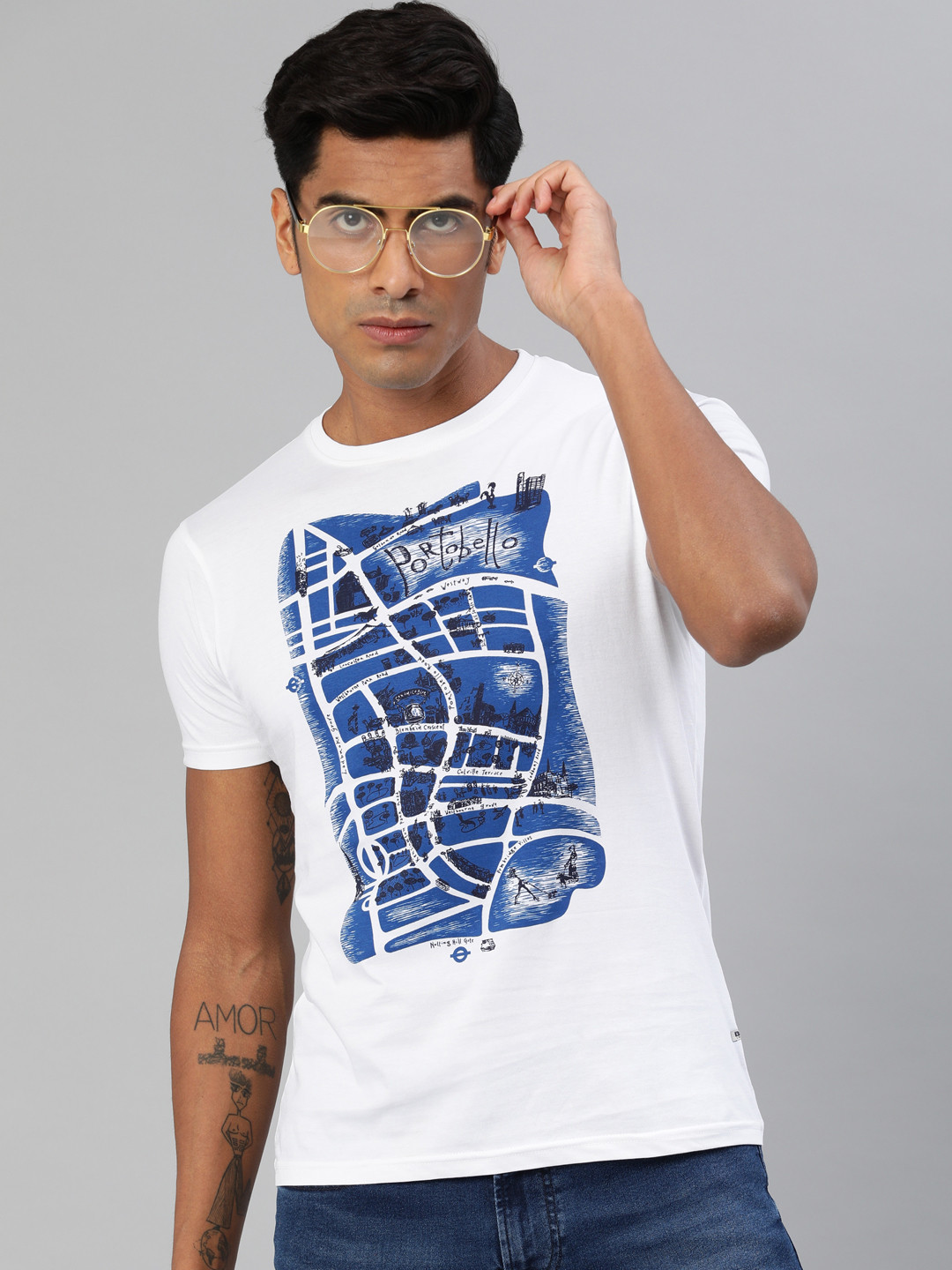 

BEAT LONDON by PEPE JEANS Men White Blue Slim Fit Printed Round Neck Pure Cotton T-shirt