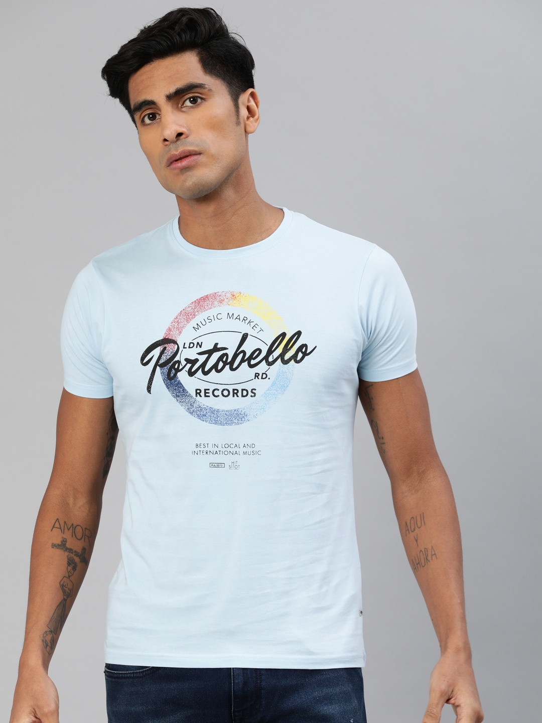 

BEAT LONDON by PEPE JEANS Men Blue Slim Fit Printed Round Neck Pure Cotton T-shirt