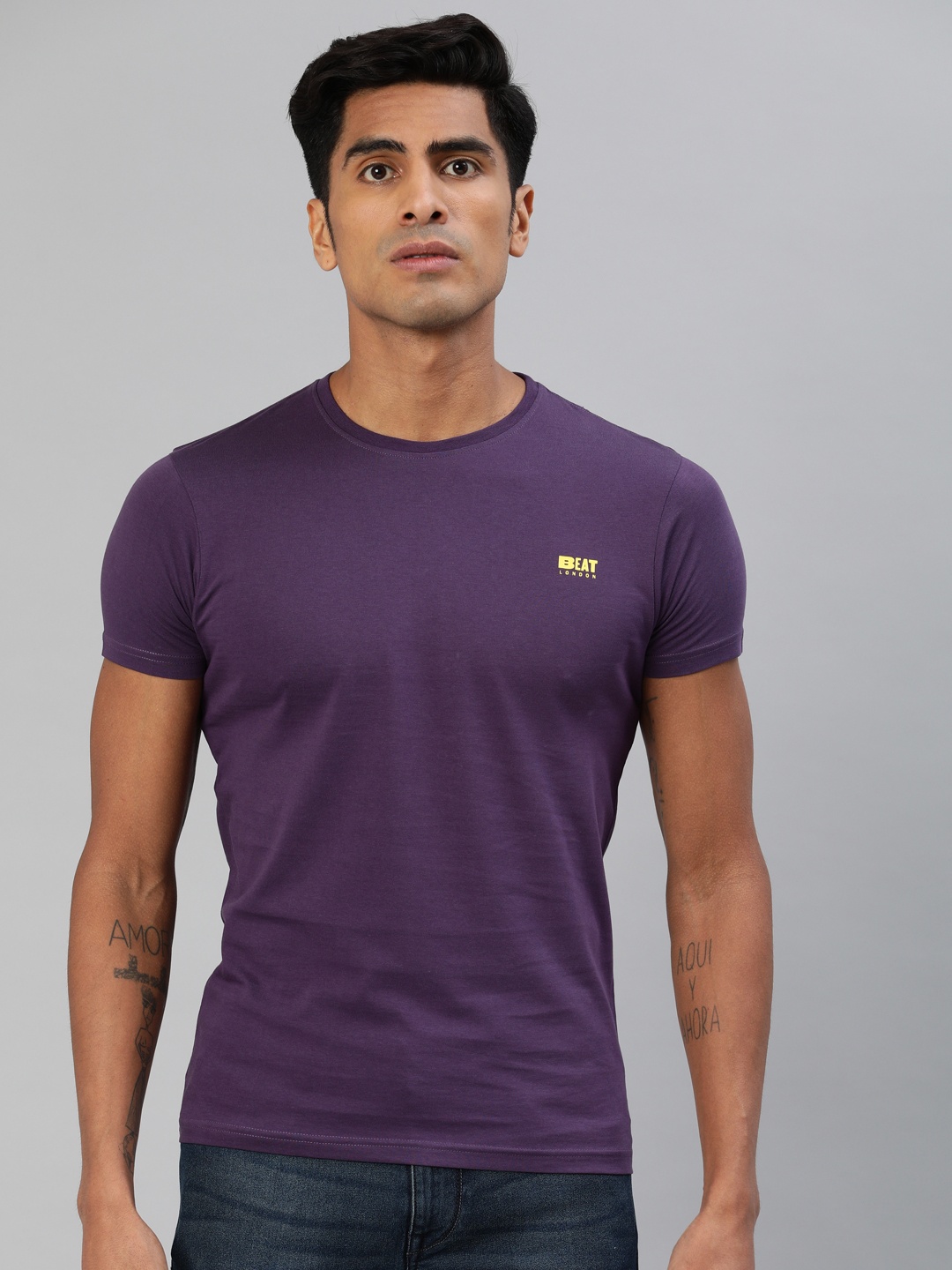 

BEAT LONDON by PEPE JEANS Men Purple Solid Round Neck Pure Cotton T-shirt
