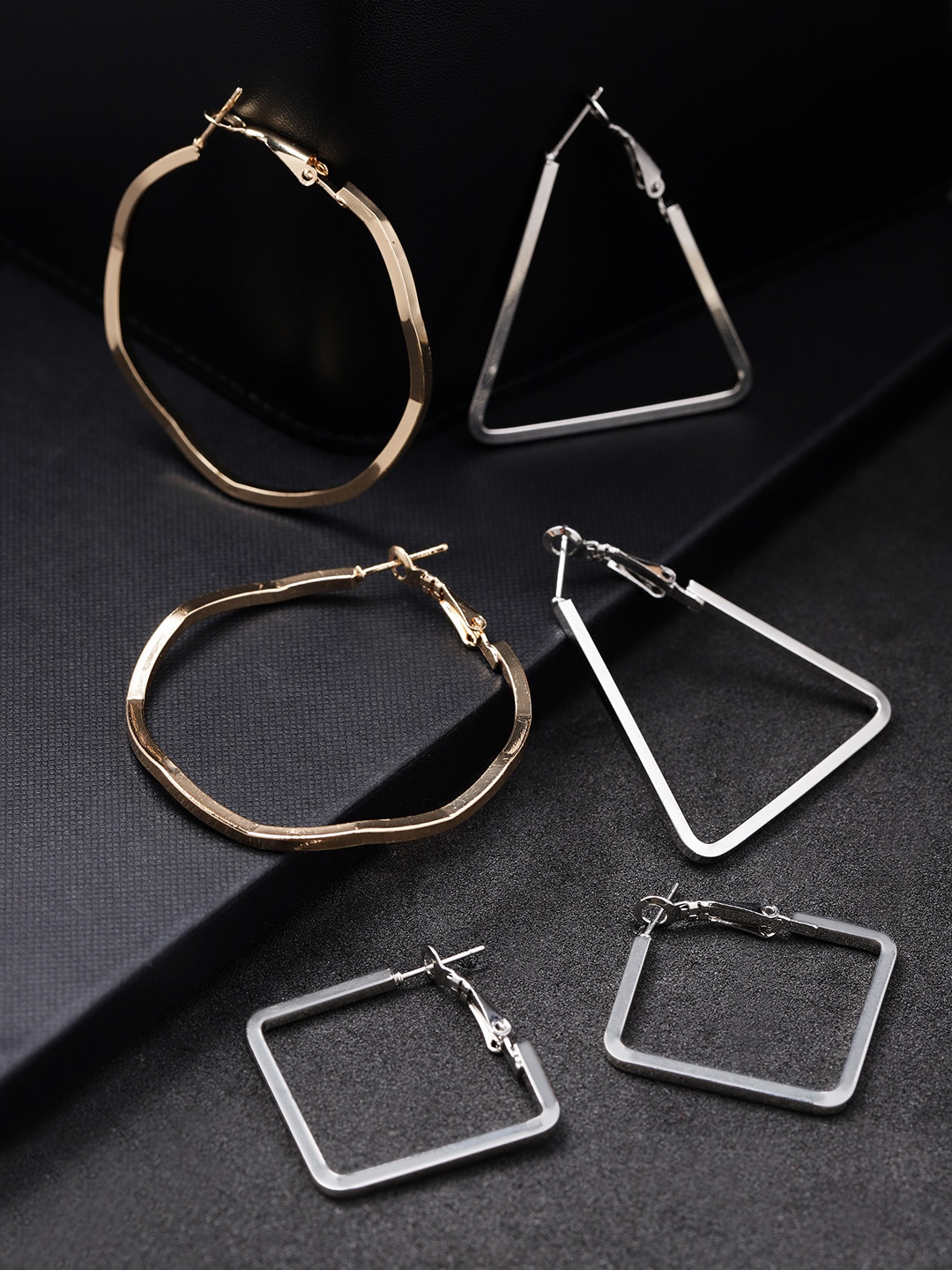 

Carlton London Set of 3 Rhodium-Plated Geometric Hoop Earring, Silver