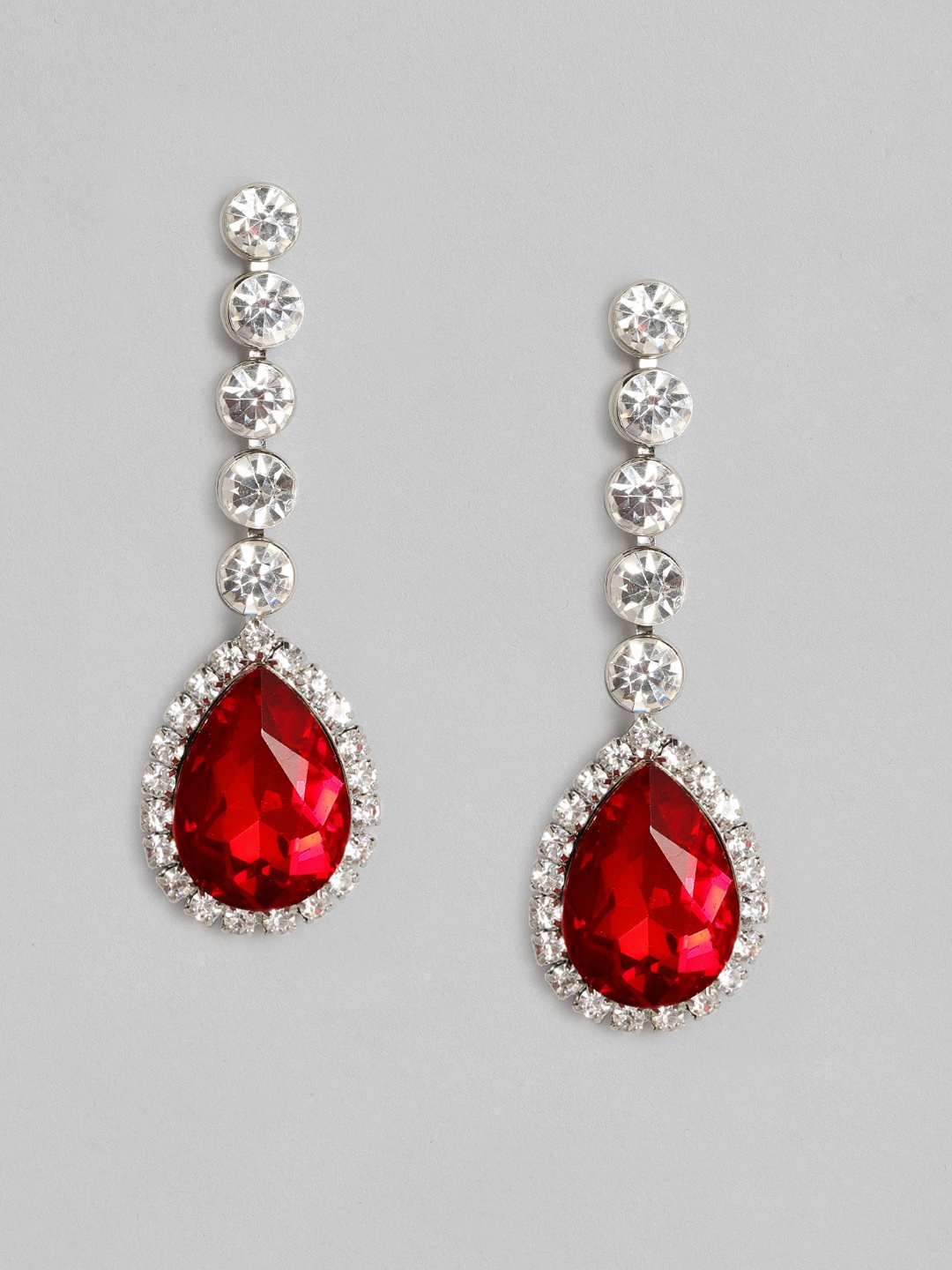 

justpeachy Silver-Toned & Red Teardrop Shaped Drop Earrings
