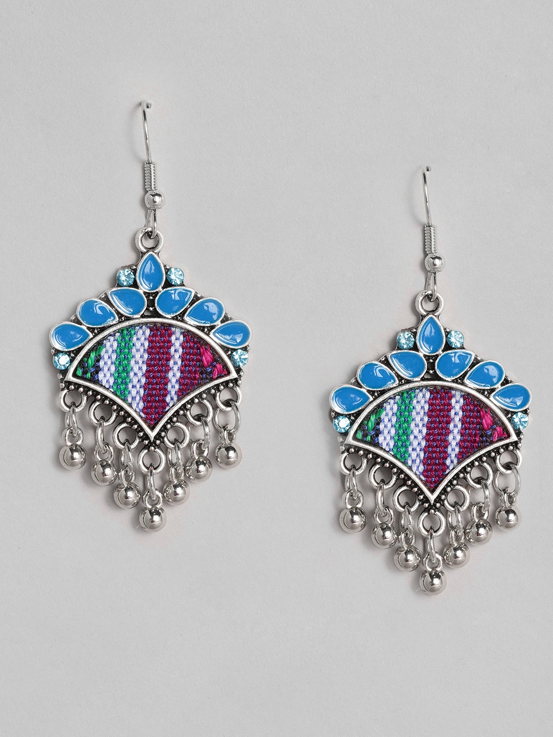 

Just Peachy Oxidized Blue Silver-Plated Enamelled Contemporary Drop Earrings