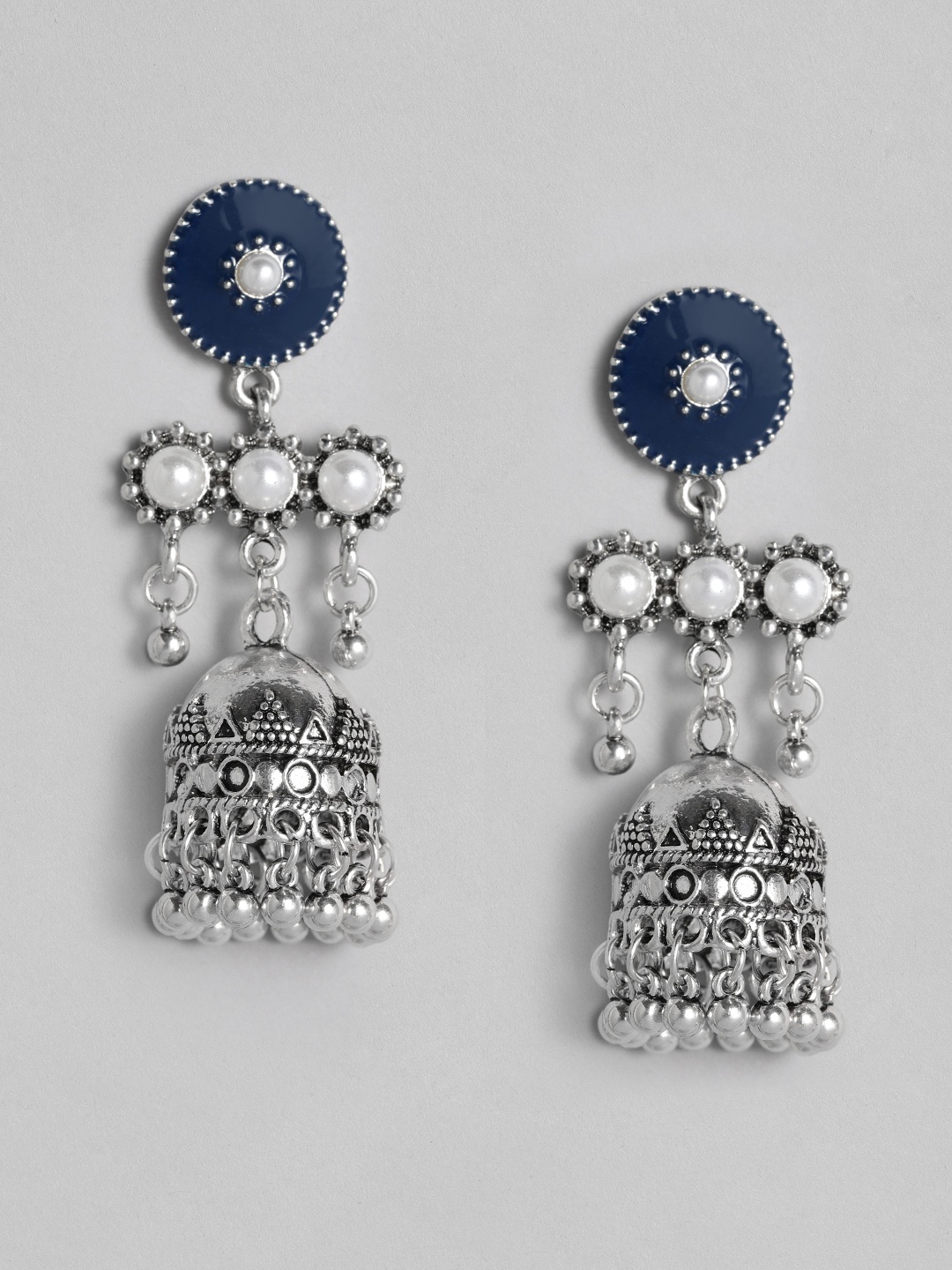 

justpeachy Blue Silver-Plated Enamelled Pearl Studded Dome Shaped Jhumkas