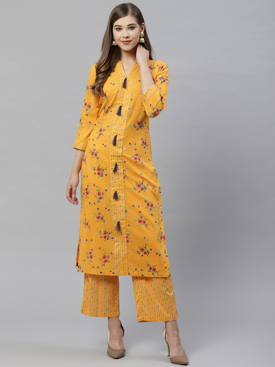 

Deewa Women Yellow & Pink Floral Print Kurta with Palazzos