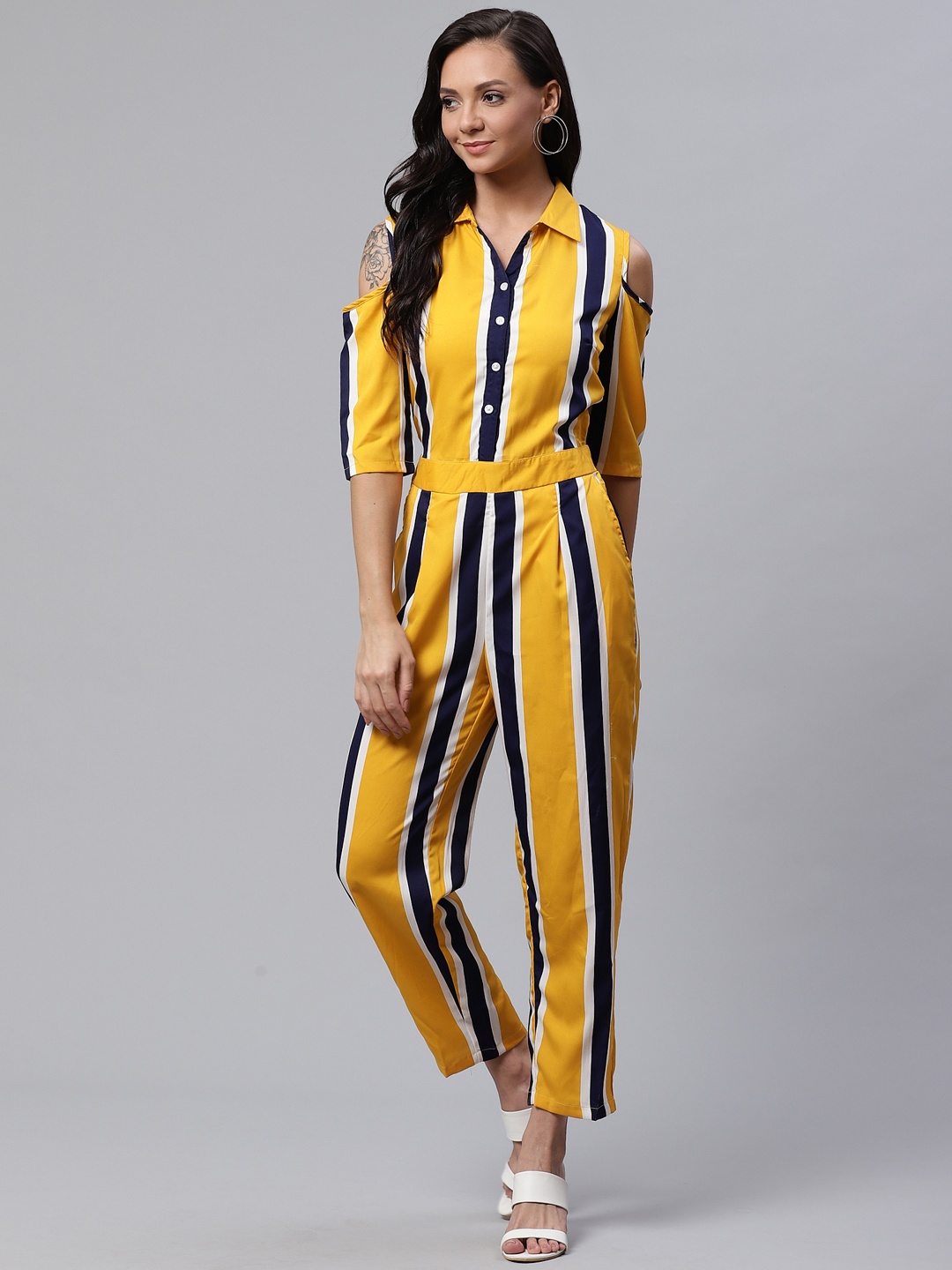

Deewa Women Yellow & Navy Blue Striped Cold-Shoulder Basic Jumpsuit