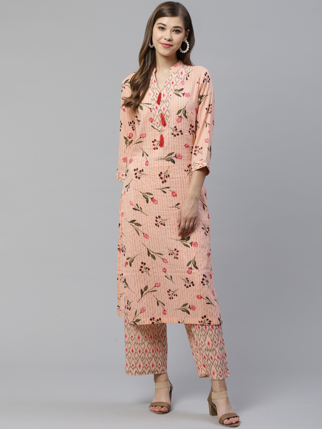 

Deewa Women Peach-Coloured & Olive Green Printed Kurta with Palazzos