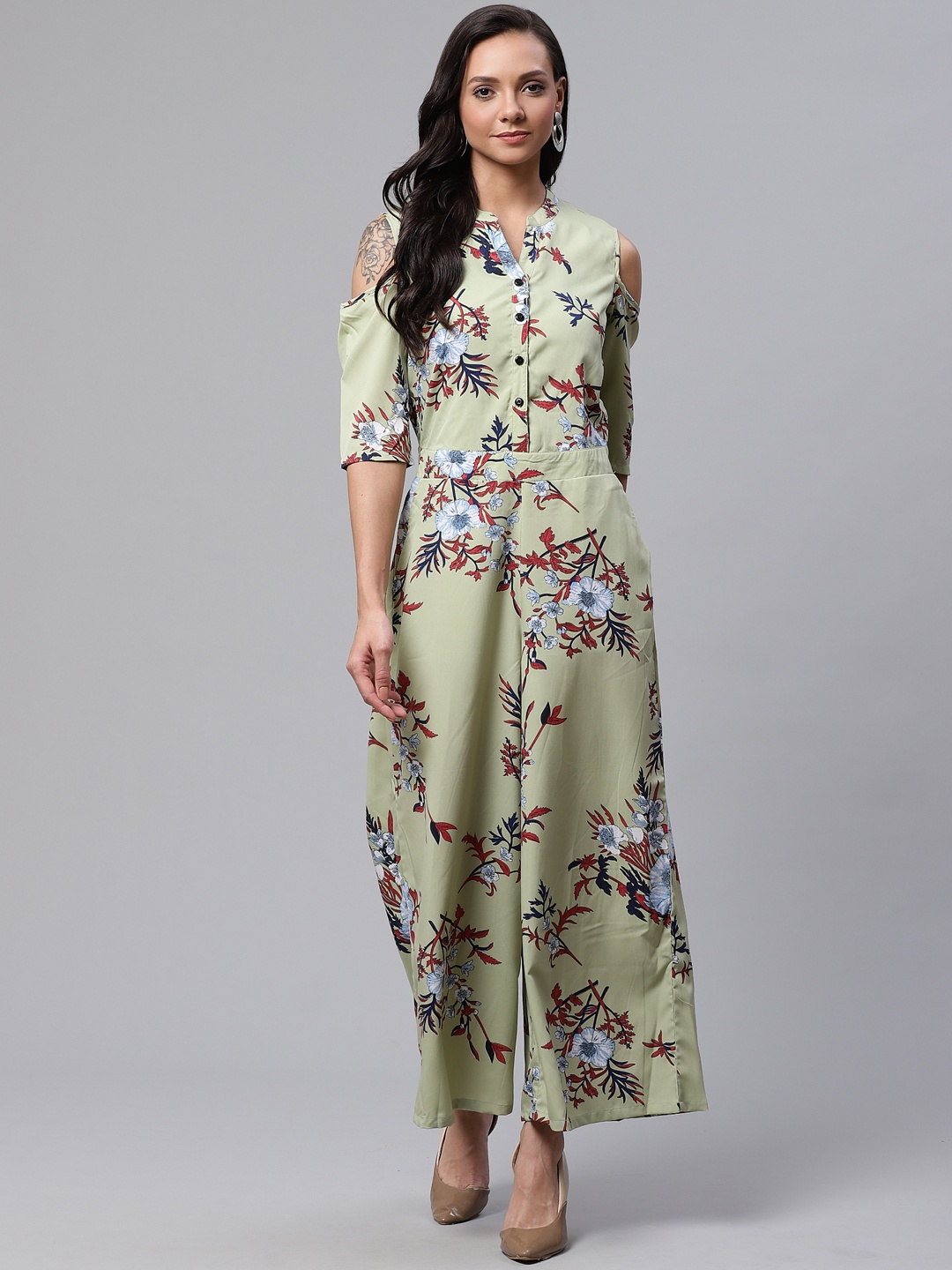 

Deewa Women Green & Blue Floral Print Cold-Shoulder Basic Jumpsuit