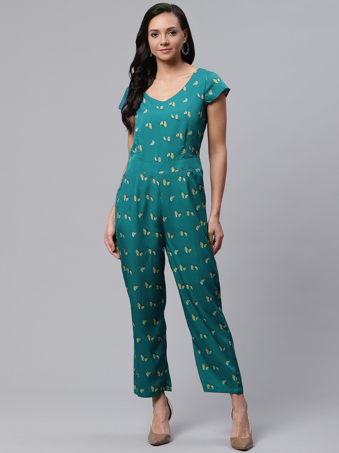 

Deewa Women Teal Green & Beige Printed Basic Jumpsuit