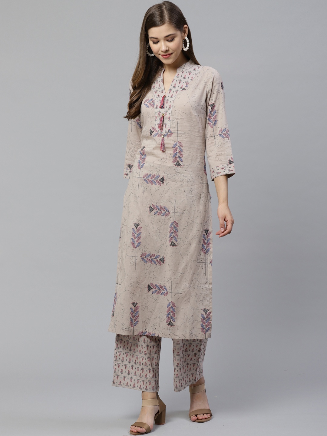 

Deewa Women Taupe & Blue Printed Kurta with Palazzos