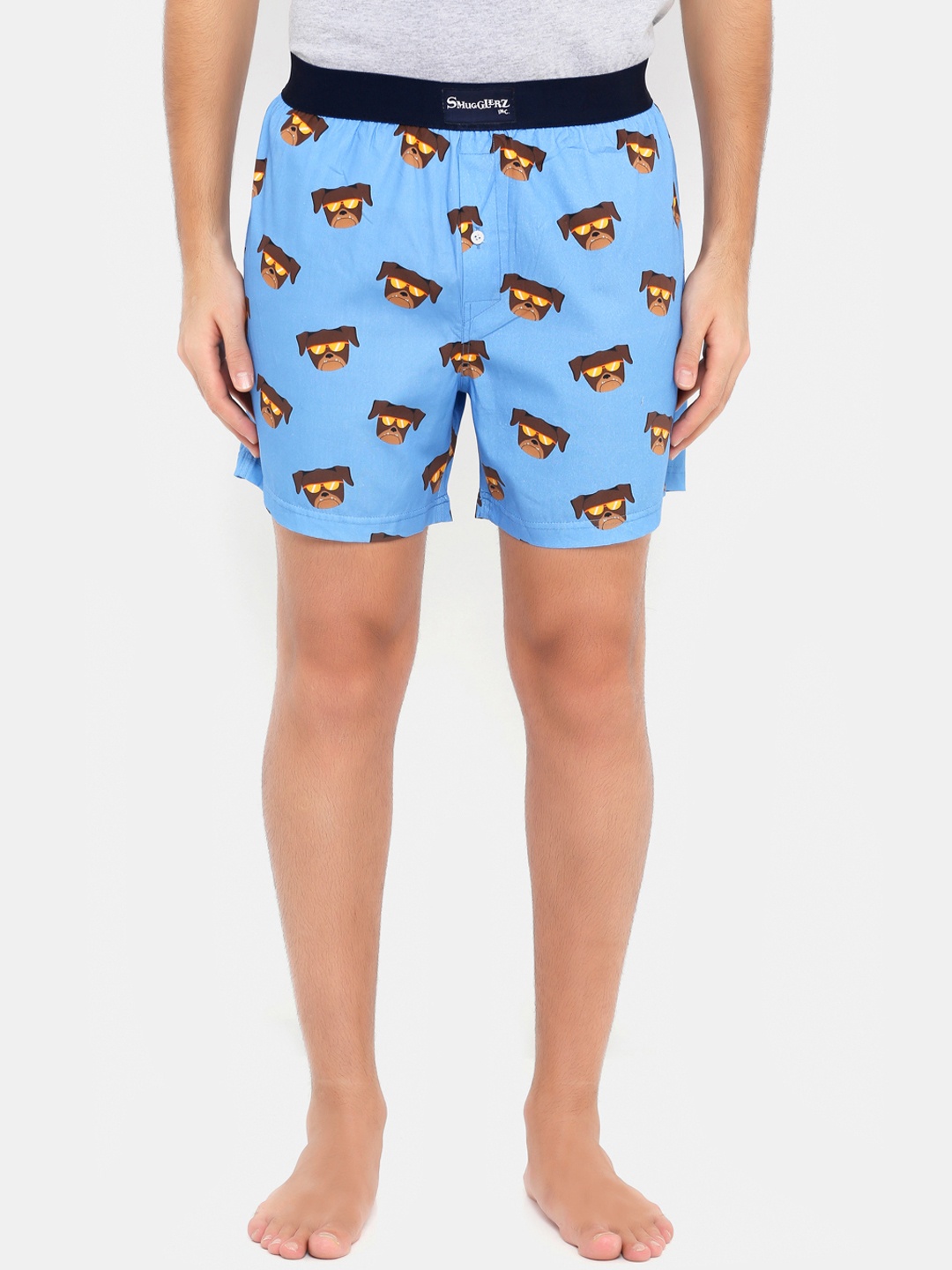 

Smugglerz Men Blue & Brown Pug Printed Pure Cotton Boxers PUG-BXR-BLUE-S