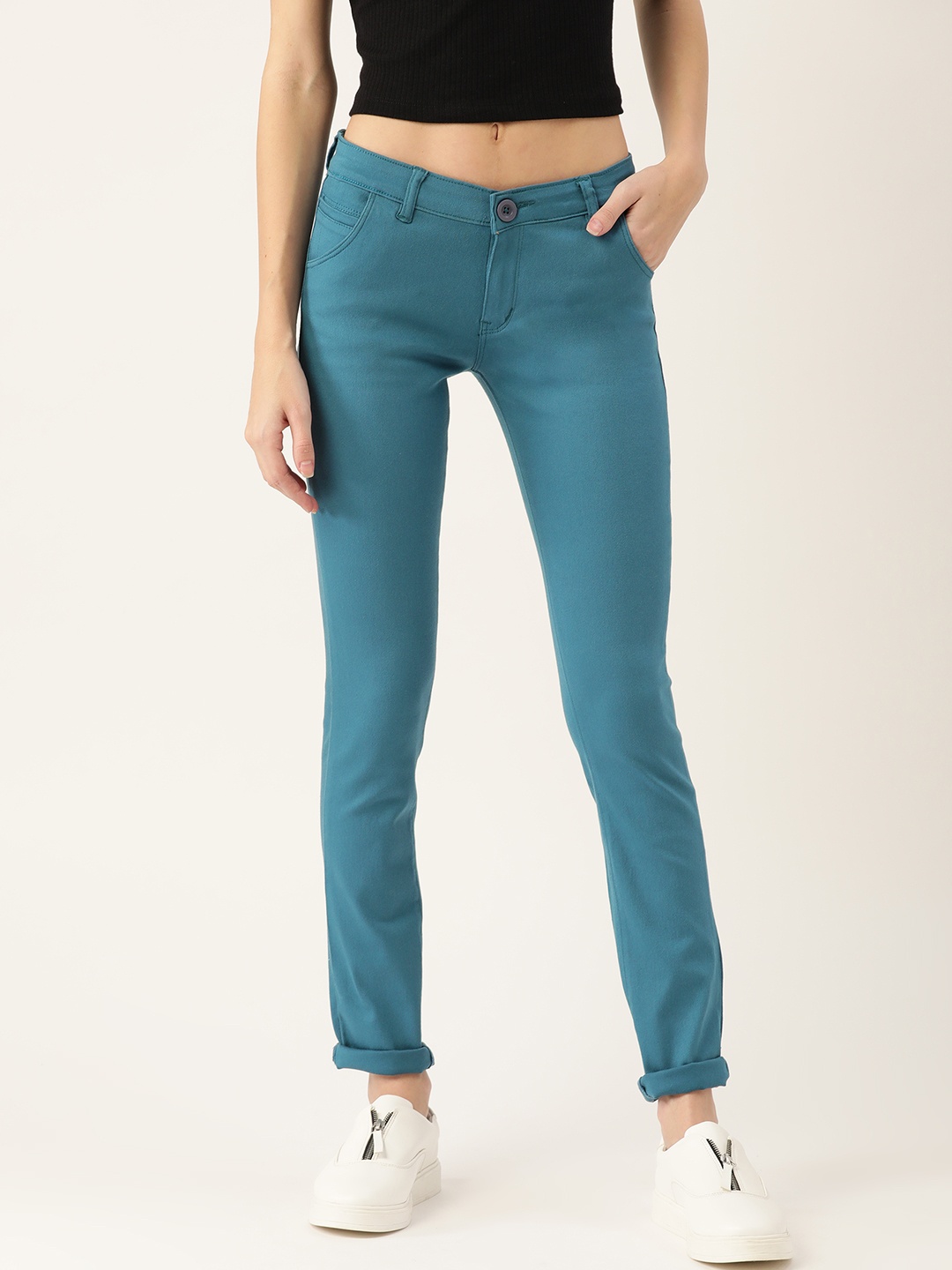 

urSense Women Blue Solid Slim Fit Trousers