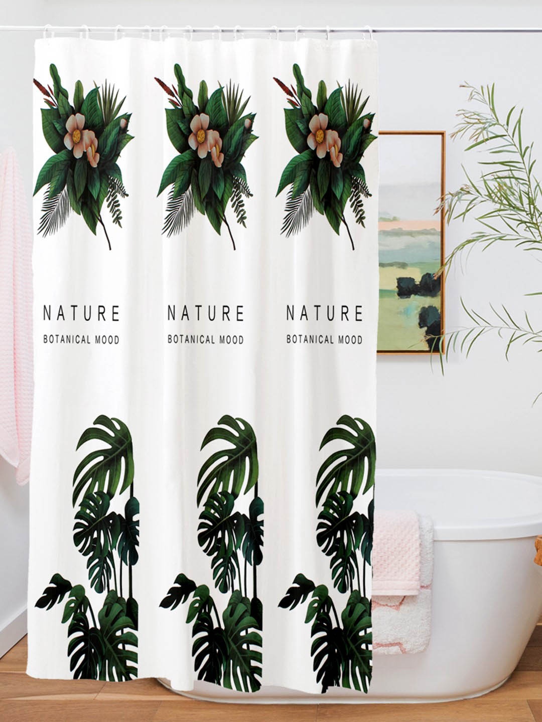 

Story@home White & Green PVC Waterproof Water Repellent Designer Shower Curtain With Set Of 12 Hooks