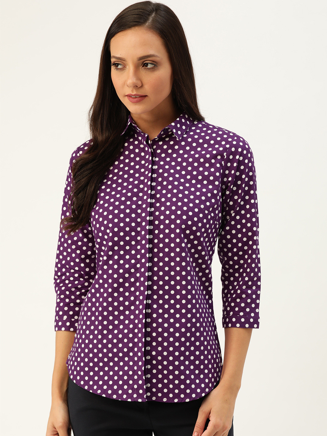 

Hancock Women Purple & White Slim Fit Printed Formal Shirt