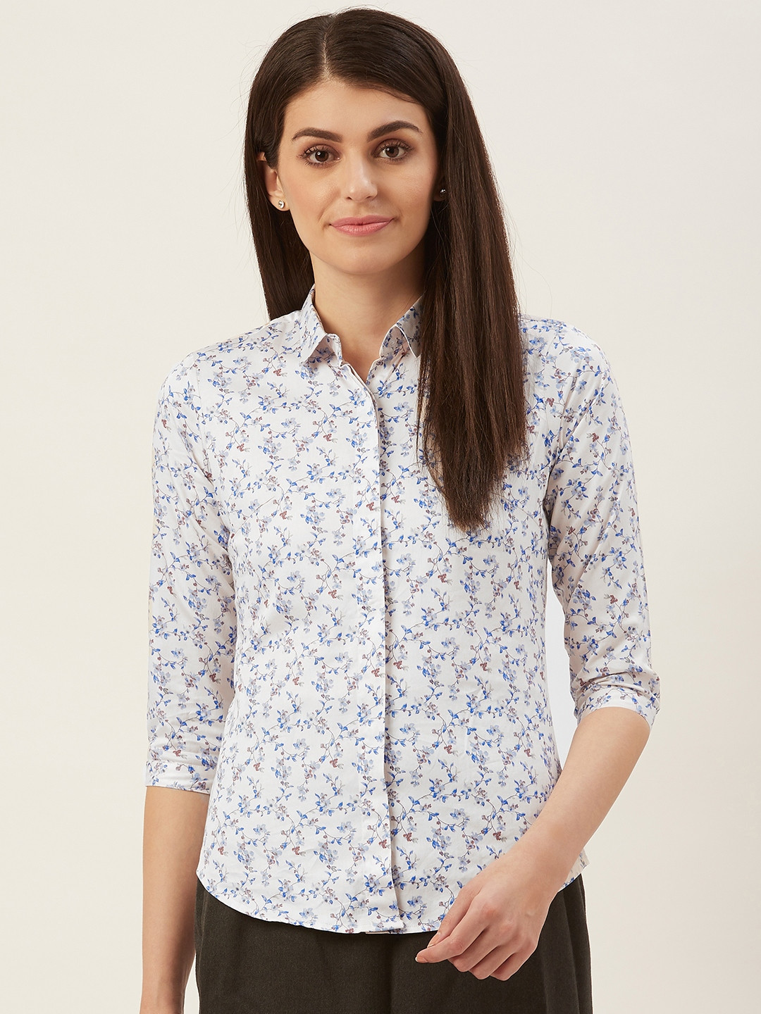 

Hancock Women White & Blue Slim Fit Floral Print Formal Shirt