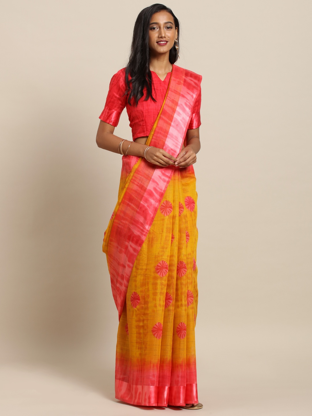 

Kvsfab Mustard Yellow & Coral Red Cotton Blend Printed Saree