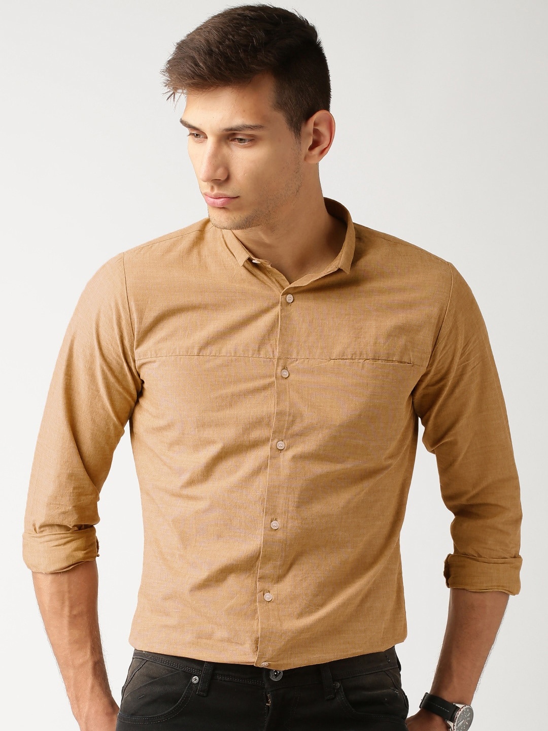 

ether Men Khaki Slim Fit Antimicrobial Filafil Cotton Stretch Sustainable Shirt, Beige