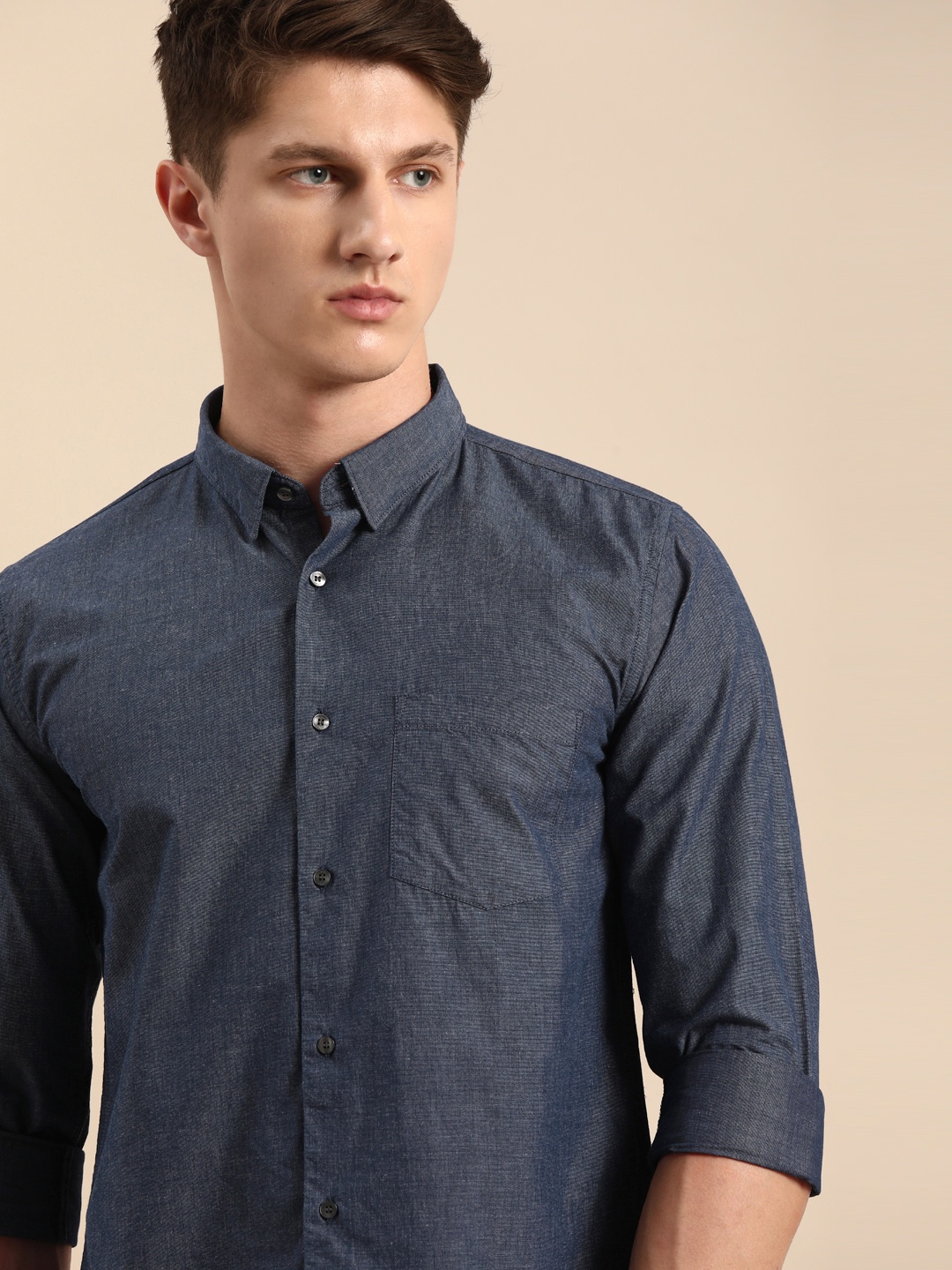 

ether Men Navy Blue FILAFIL Regular Fit Solid Pure Cotton Sustainable Casual Shirt