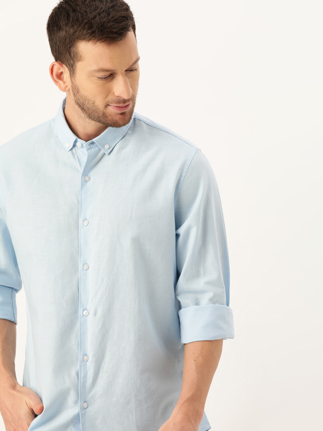 

ether Men Blue Regular Fit Solid Casual Linen Shirt